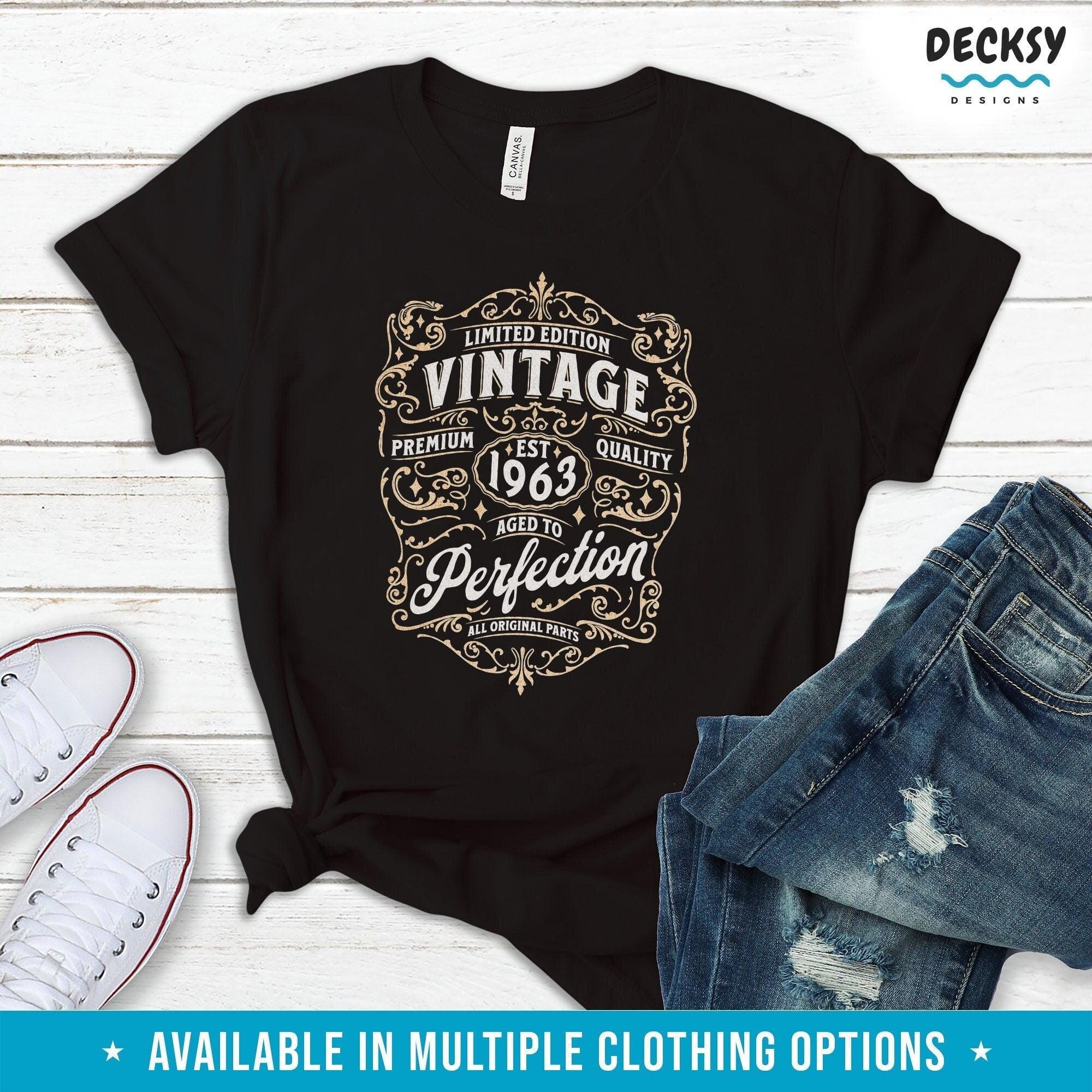 60th Birthday T-Shirt Gift, Vintage 1963 Aged To Perfection Tee-Clothing:Gender-Neutral Adult Clothing:Tops & Tees:T-shirts:Graphic Tees-DecksyDesigns