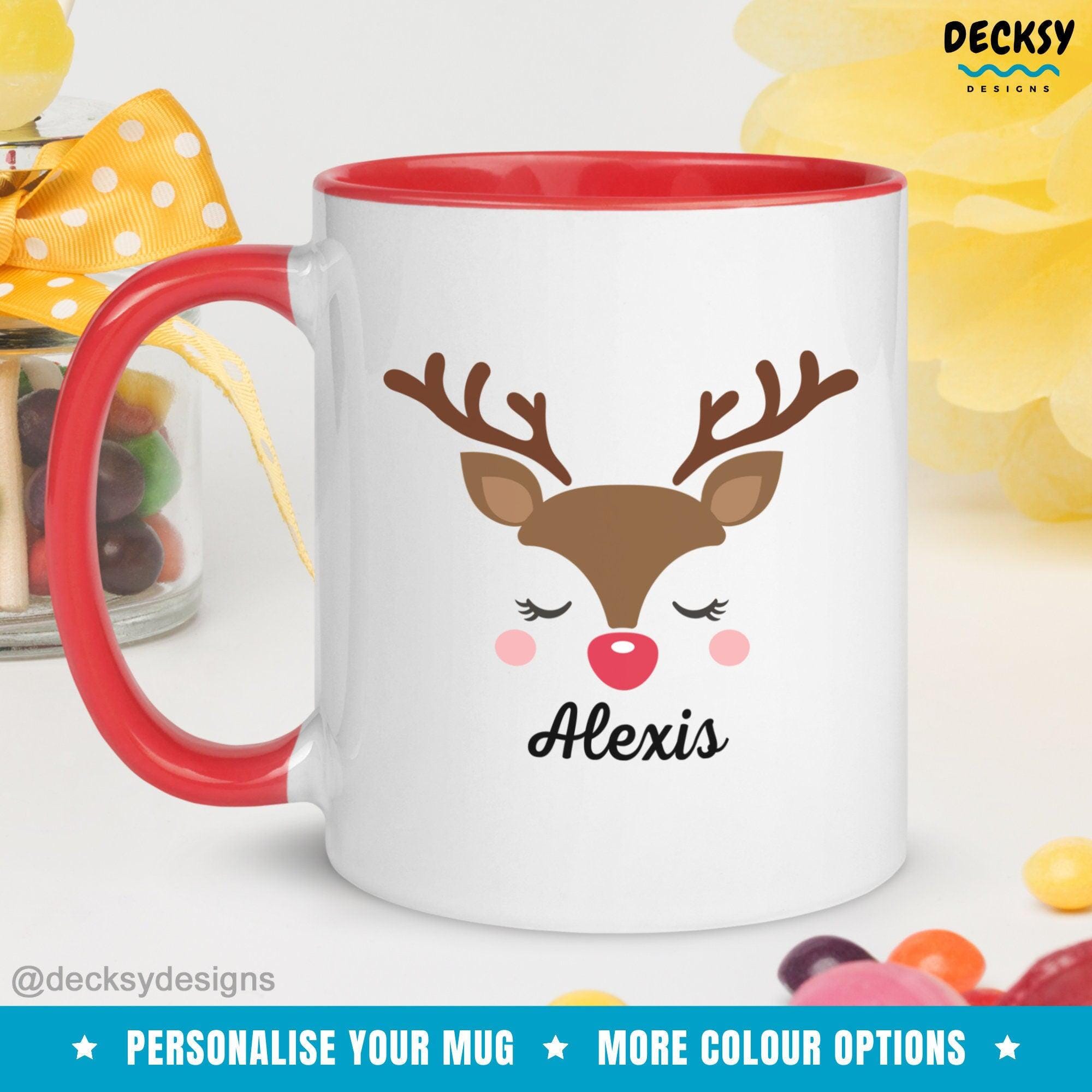 Cute Reindeer Mug, Custom Xmas Gift-Home & Living:Kitchen & Dining:Drink & Barware:Drinkware:Mugs-DecksyDesigns-Pink Accent Mug 11 oz-Font #4-DecksyDesigns