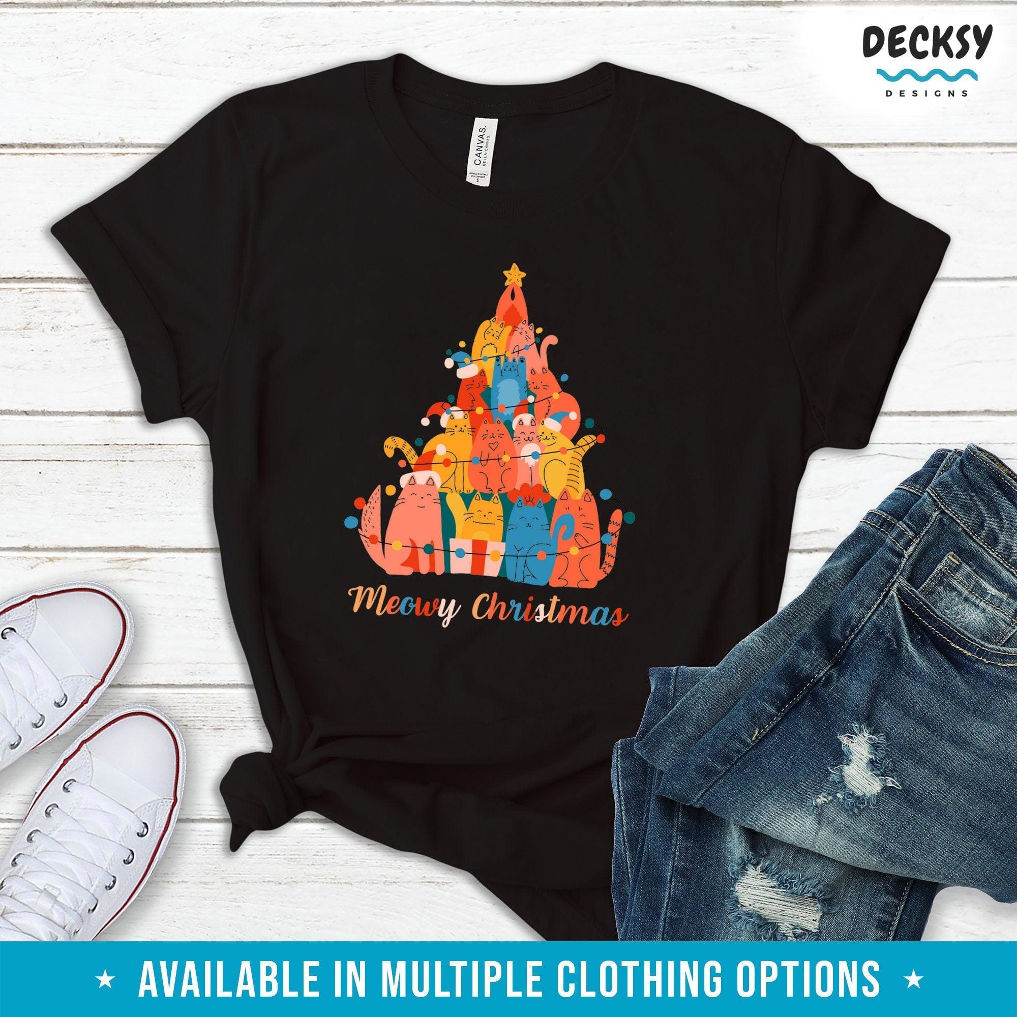 Cat Christmas Tshirt, Meowy Xmas Gift for Cat Lover-Clothing:Gender-Neutral Adult Clothing:Tops & Tees:T-shirts:Graphic Tees-DecksyDesigns