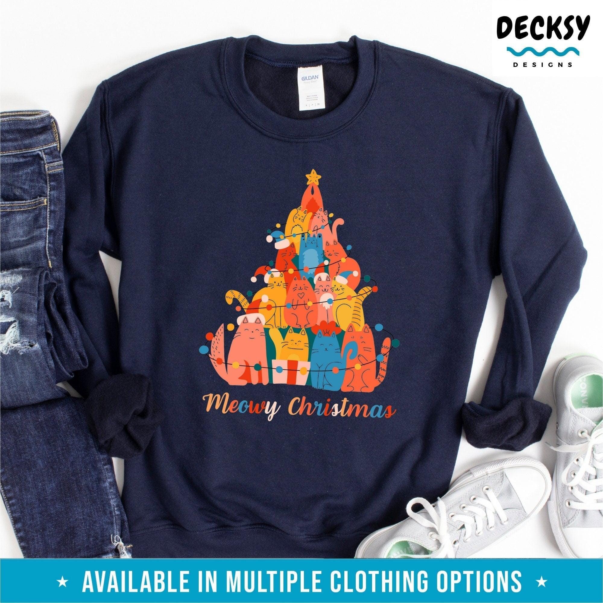Cat Christmas Tshirt, Meowy Xmas Gift for Cat Lover-Clothing:Gender-Neutral Adult Clothing:Tops & Tees:T-shirts:Graphic Tees-DecksyDesigns