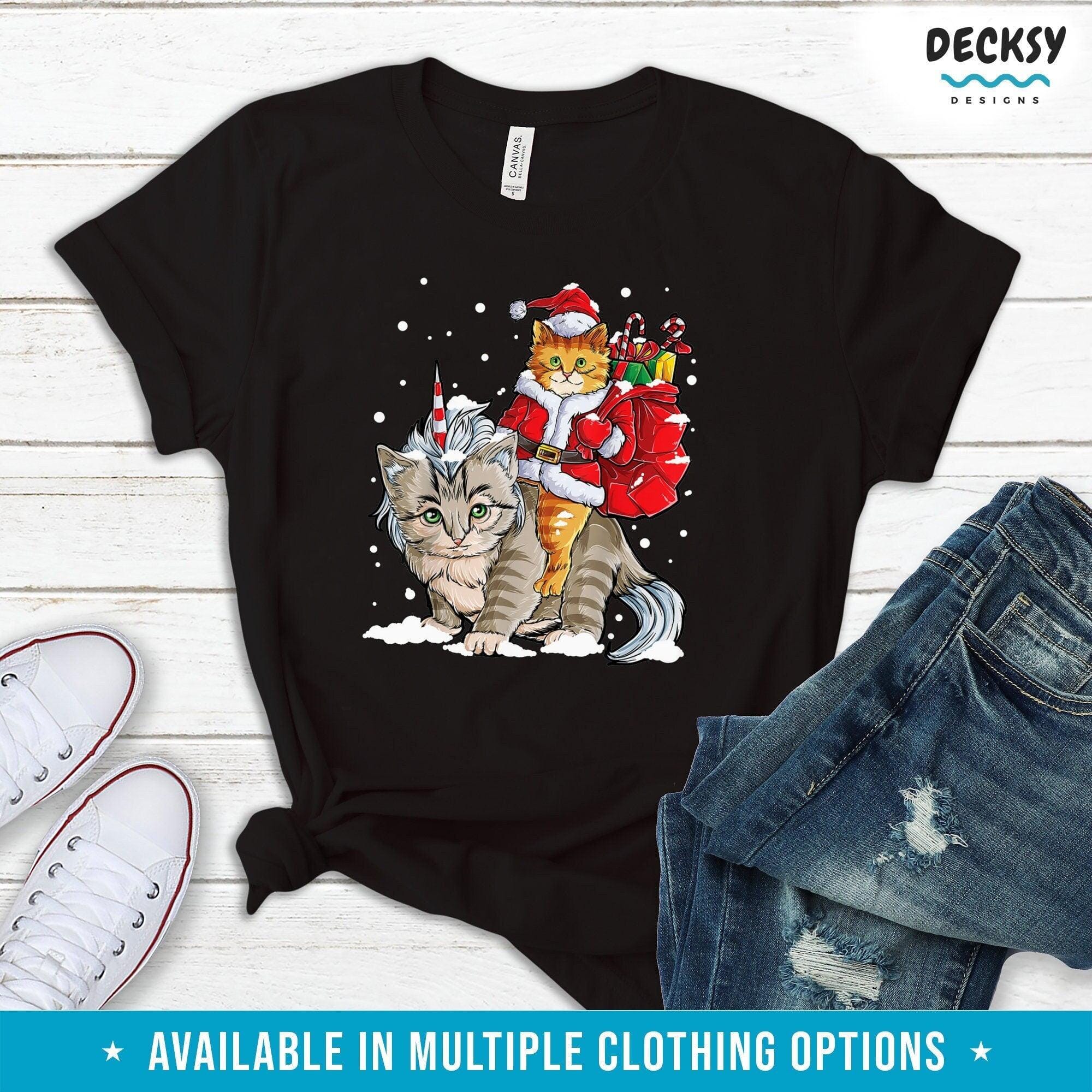 Cat Christmas Tshirt, Xmas Gift for Cat Lover, Santa Cat Unicorn Tee-Clothing:Gender-Neutral Adult Clothing:Tops & Tees:T-shirts:Graphic Tees-DecksyDesigns