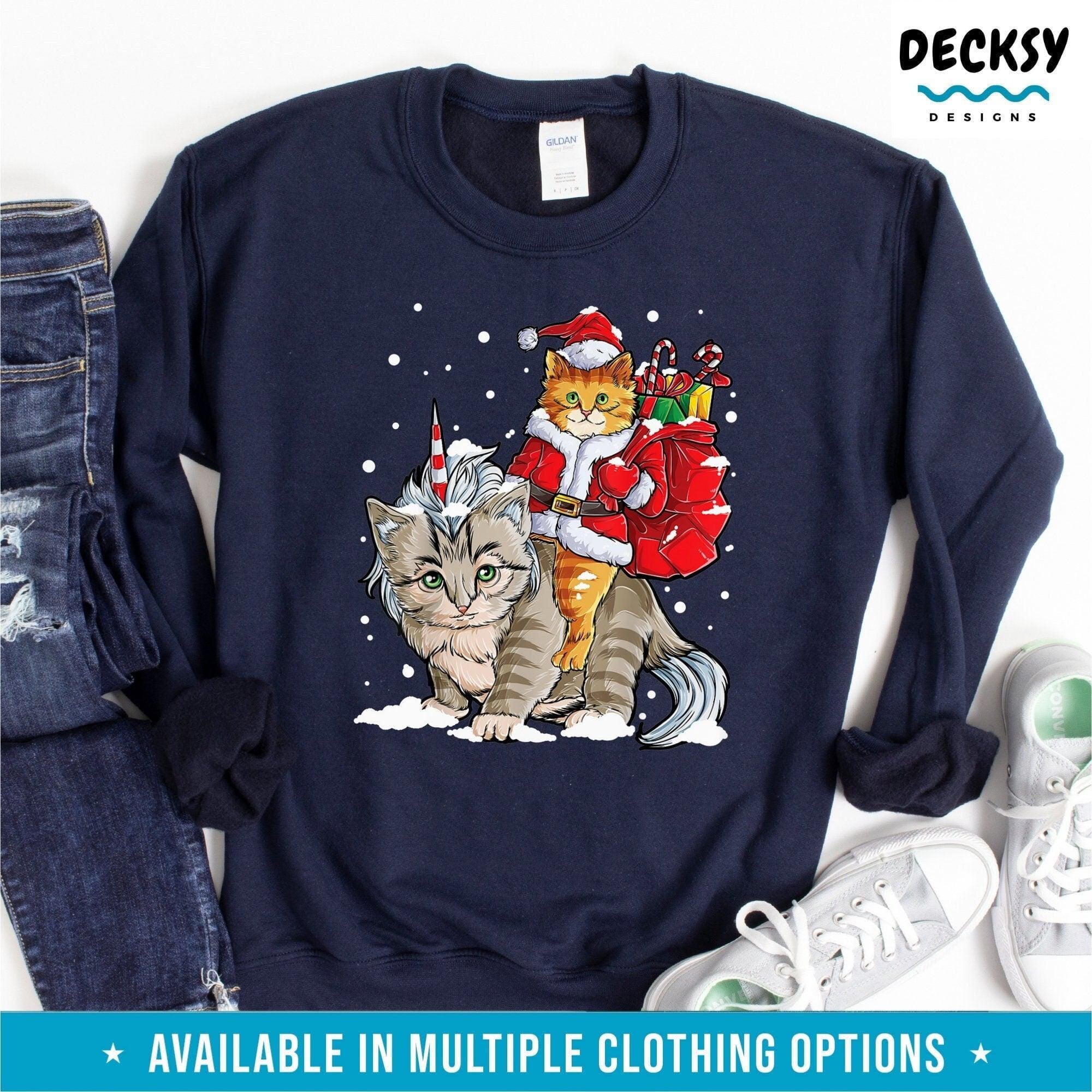 Cat Christmas Tshirt, Xmas Gift for Cat Lover, Santa Cat Unicorn Tee-Clothing:Gender-Neutral Adult Clothing:Tops & Tees:T-shirts:Graphic Tees-DecksyDesigns