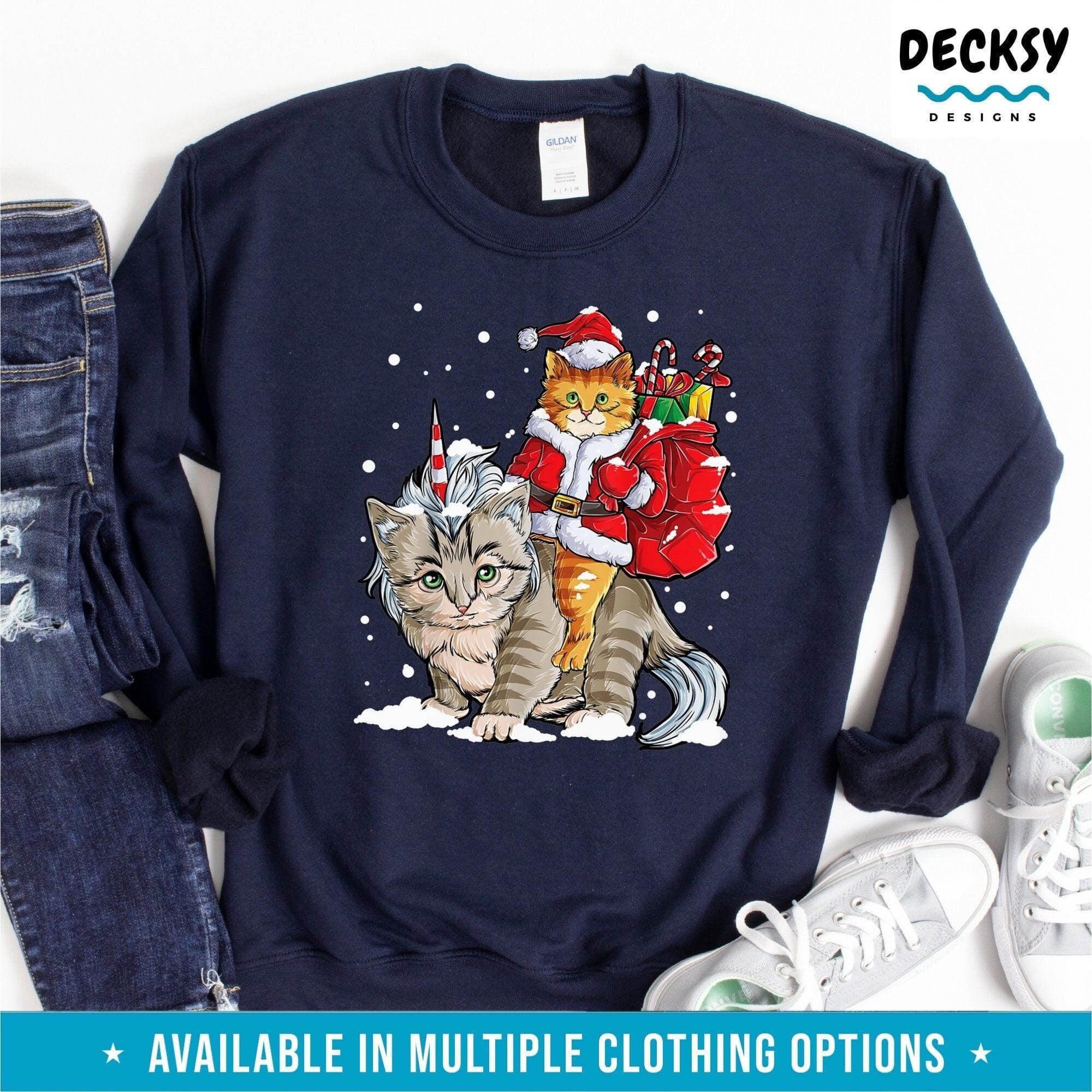 Cat Christmas Tshirt, Xmas Gift for Cat Lover, Santa Cat Unicorn Tee-Clothing:Gender-Neutral Adult Clothing:Tops & Tees:T-shirts:Graphic Tees-DecksyDesigns