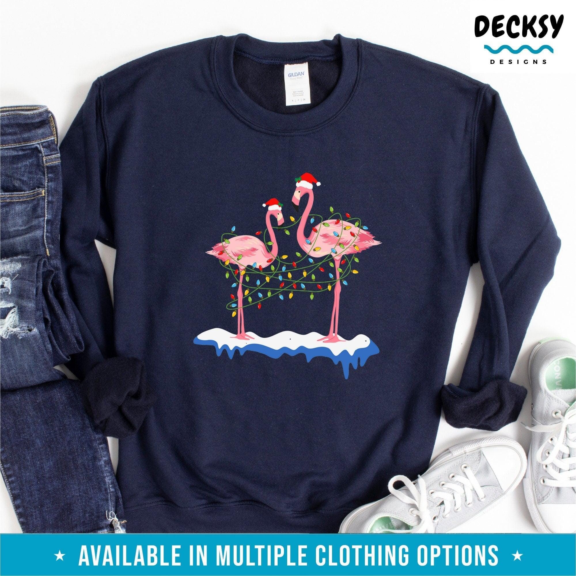 Christmas Flamingo Shirt, Cute Pink Flamingo Sweatshirt Hoodie-Clothing:Gender-Neutral Adult Clothing:Tops & Tees:T-shirts:Graphic Tees-DecksyDesigns