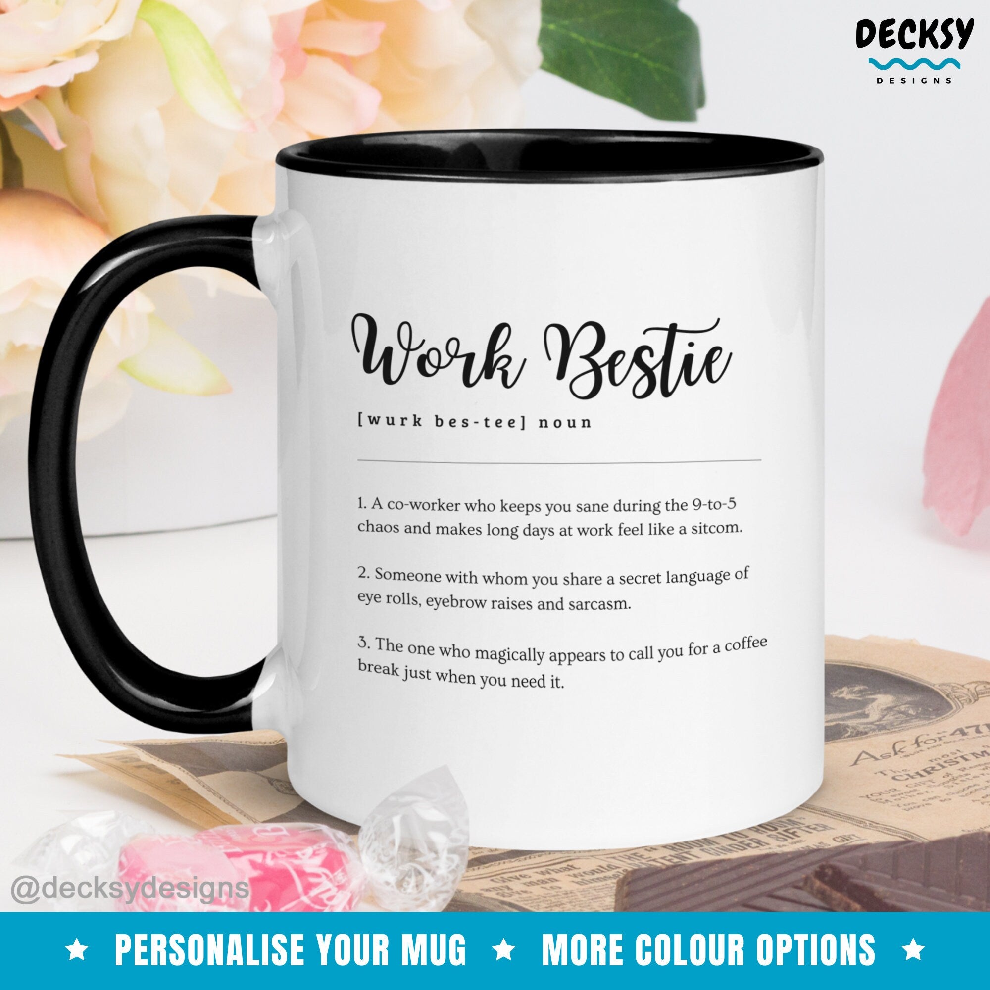 Work Bestie Mug, Custom Gift For Coworker, Personalised Gift For Work Friend Funny Colleague Appreciation Gift, Work Colleague Birthday Gift Mugs by DecksyDesigns