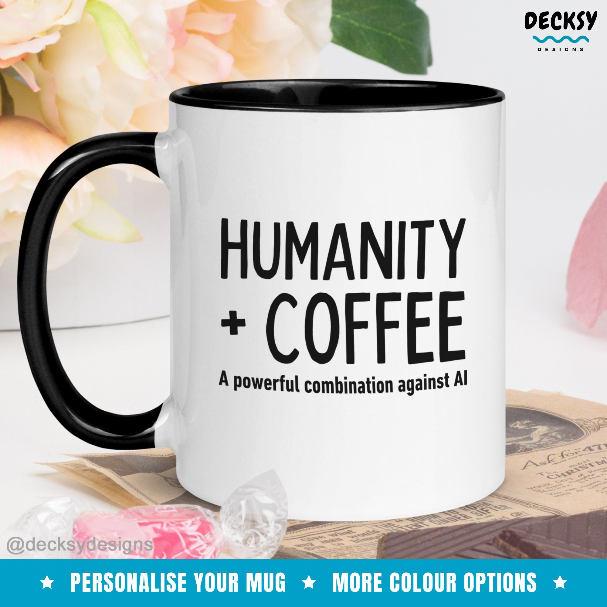 Human and Coffee Against AI Mug, Personalized Gift, Funny Custom Mug, Artificial Intelligence Mug, Office Coworker Mug, Gift For Colleague Mugs by DecksyDesigns