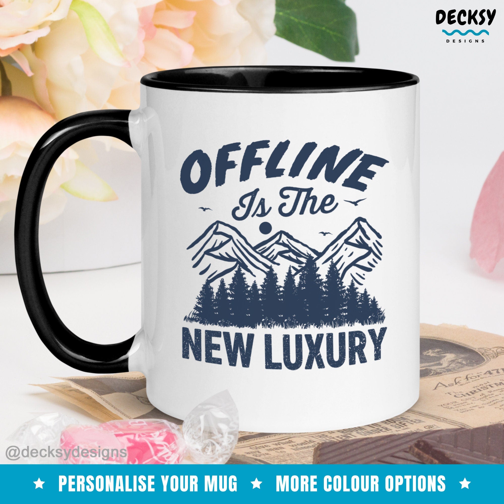 Offline Mug, Nature Lover Gift, Personalised Camping Hiking Mug, Work Life Balance, Custom Gift For Book Reader, Reading Gift For Introvert Mugs by DecksyDesigns