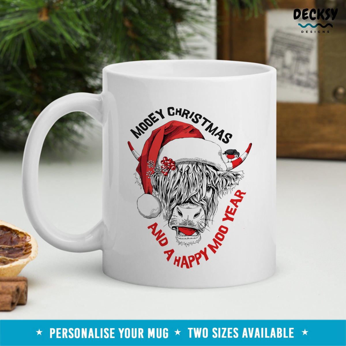 Christmas Cow Mug, Highland Cow Lover Gift, Mooey Christmas Holiday Cup, Cute Custom Santa Cow Mug, Scottish Cow Mug, Personalised Xmas Gift Mugs by DecksyDesigns
