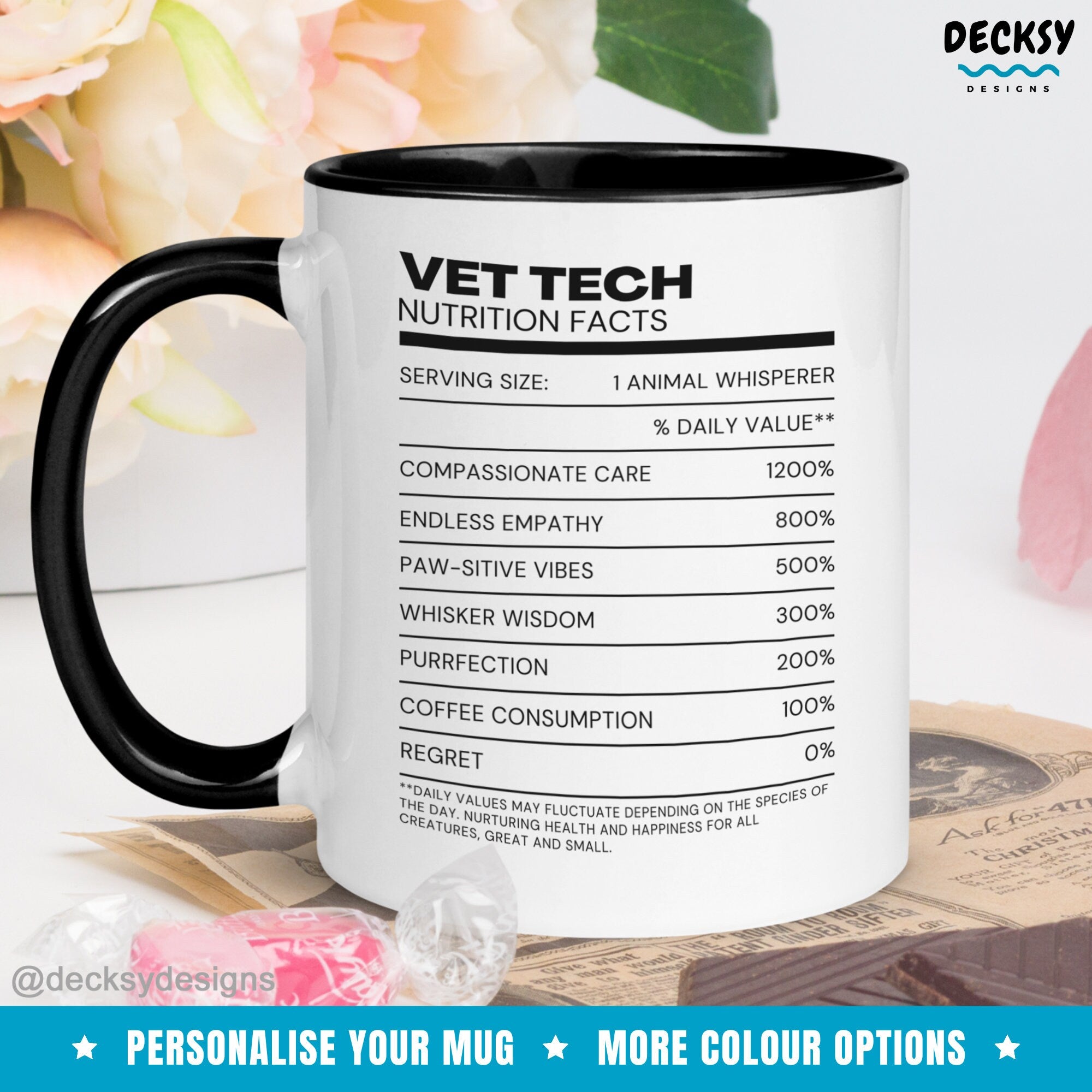 Veterinary Tech Nutrition Facts Mug, Custom Gift For Vet Tech, Coworker Gift From Supervisor, Vet Tech Cup, Gift For Trainee Animal Doctor Mugs by DecksyDesigns