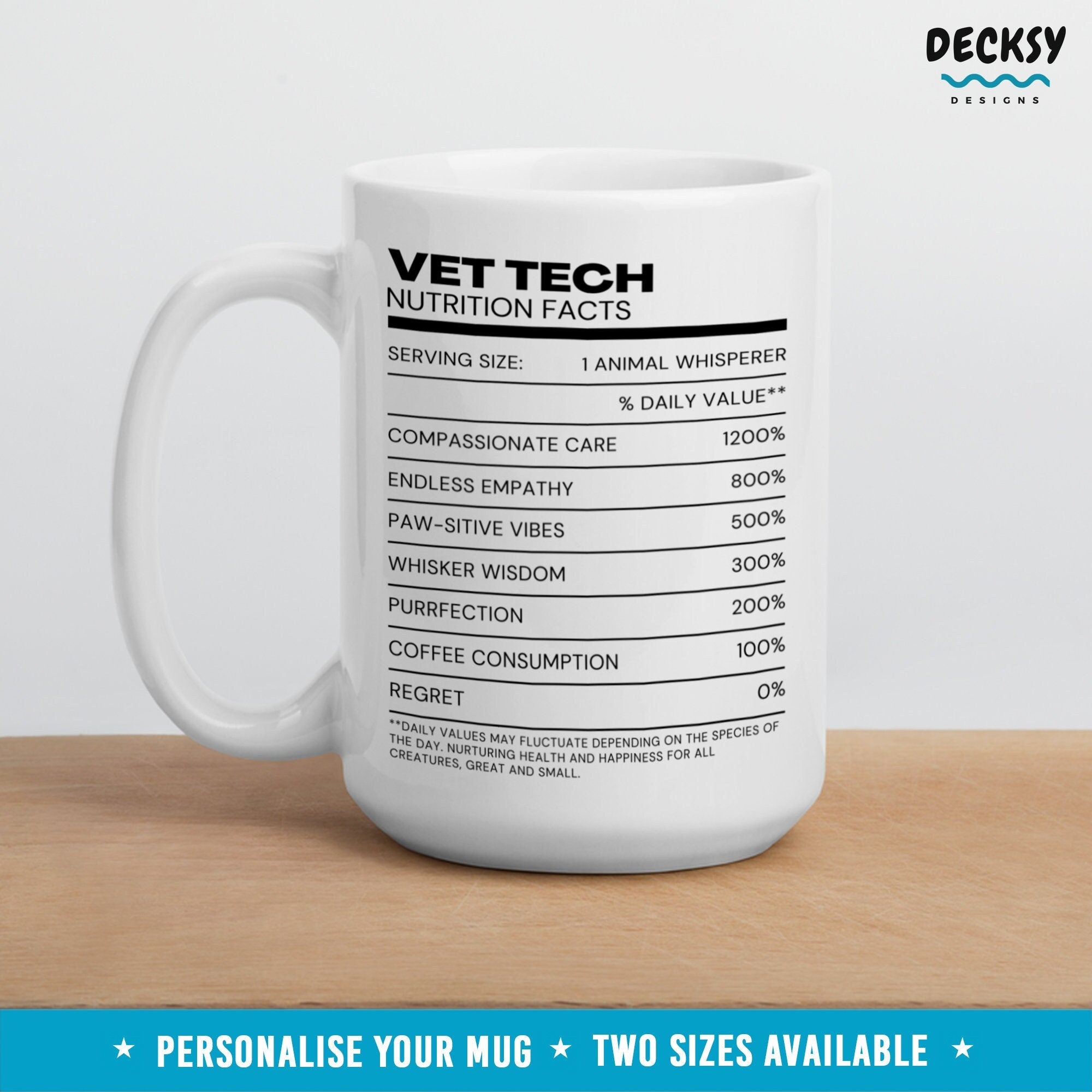 Veterinary Tech Nutrition Facts Mug, Custom Gift For Vet Tech, Coworker Gift From Supervisor, Vet Tech Cup, Gift For Trainee Animal Doctor Mugs by DecksyDesigns