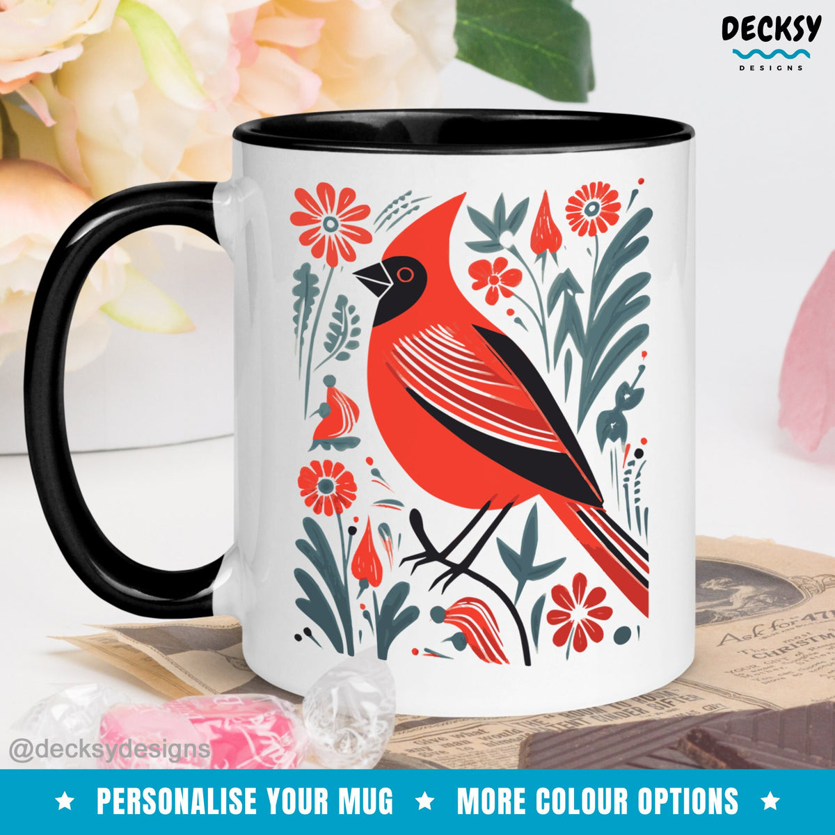 Red Cardinal Mug, Bird Lover Gift, Personalised Orthinologist Colorful Coffee Cup, Northern Cardinal Watercolour Mug, Custom Bird Mom Gift Mugs by DecksyDesigns
