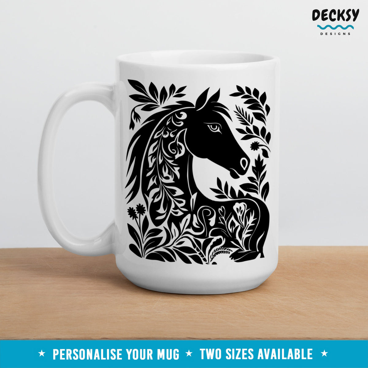 Horse Mug, Custom Animal Lover Gift, Farmhouse Owner Gift, Horse Gift For Her, Black Stallion Floral Horse Mug, Aesthetic Farm Animal Mugs Mugs by DecksyDesigns
