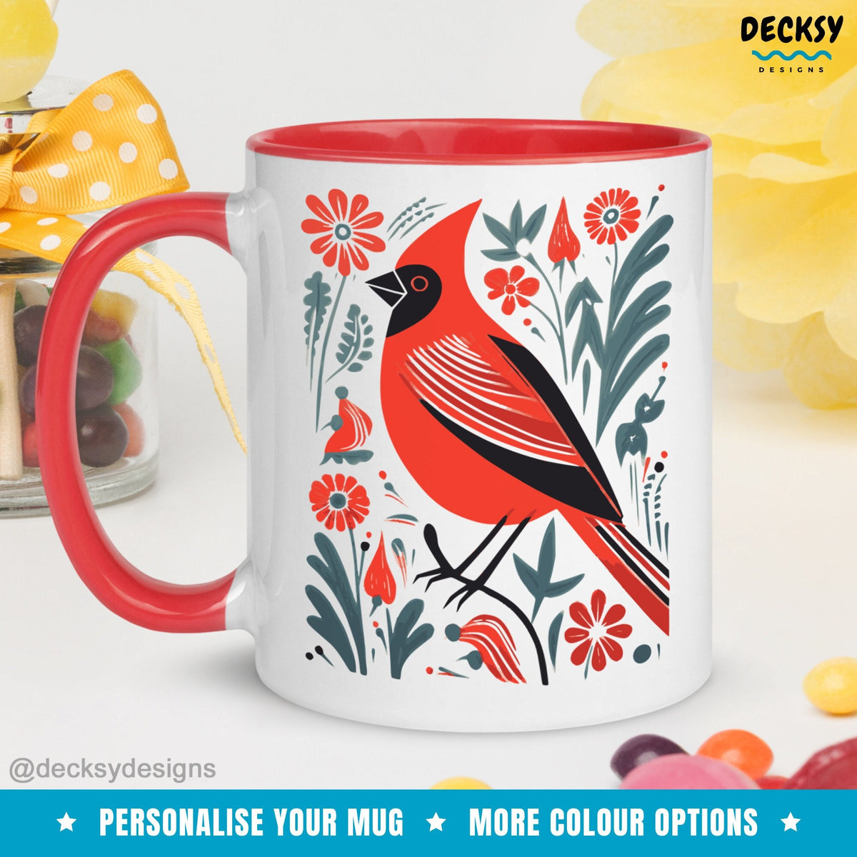 Red Cardinal Mug, Bird Lover Gift, Personalised Orthinologist Colorful Coffee Cup, Northern Cardinal Watercolour Mug, Custom Bird Mom Gift Mugs by DecksyDesigns