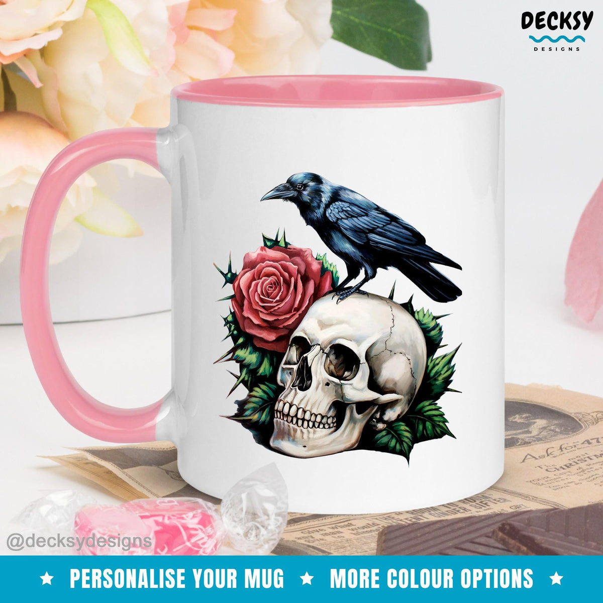 Black Crow Mug, Whimsigoth Gift, Floral Skull Mug, Custom Goth Mug, Crowcore Roses Mug, Personalized Gothic Mug, Raven Crow Bird Lover Gift Mugs by DecksyDesigns