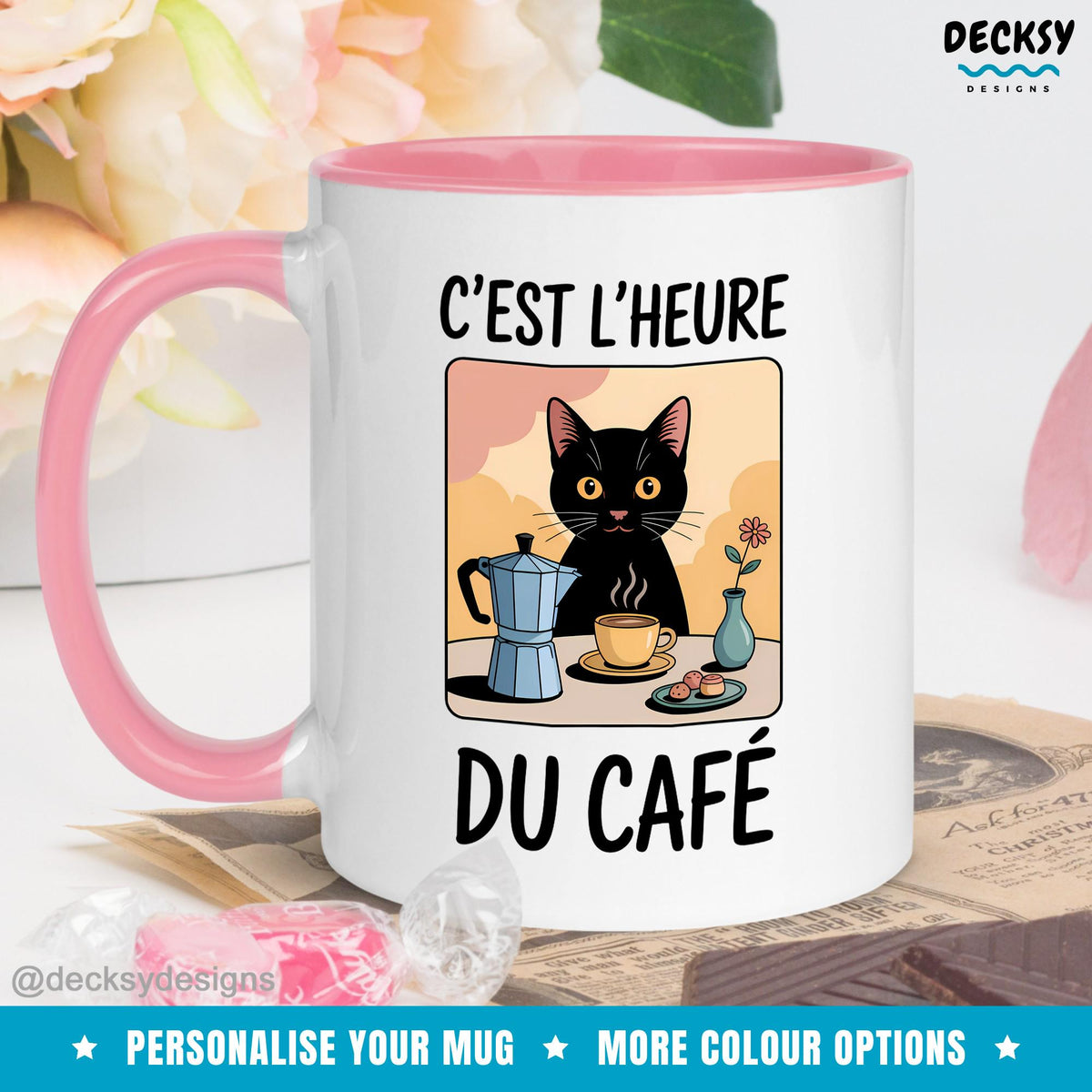 Gift For Cat & Coffee Lovers, Black Cat Owner Gift, French Teacher Gift Parisian Cats Mug Croissant Cafe Mug, Custom Funny Cat Gifts For Her Mugs by DecksyDesigns