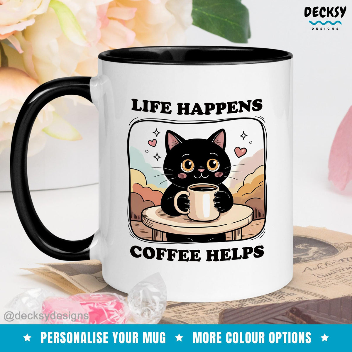 Life Happens Coffee Helps Mug, Custom Cat Mug Mugs by DecksyDesigns