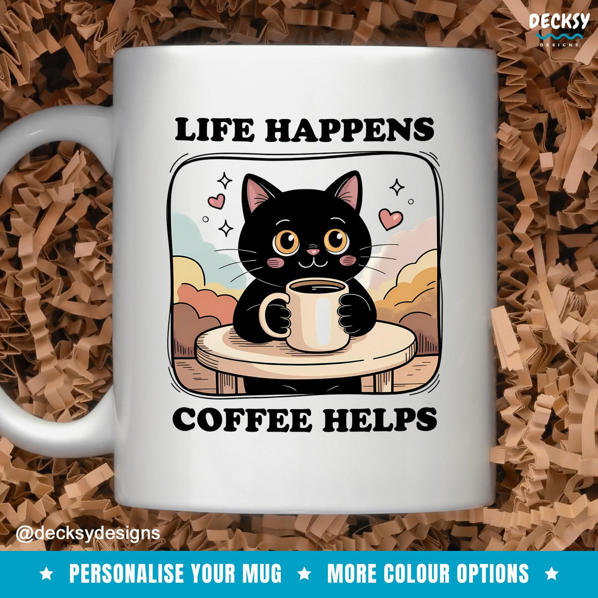 Life Happens Coffee Helps Mug, Custom Cat Mug Mugs by DecksyDesigns