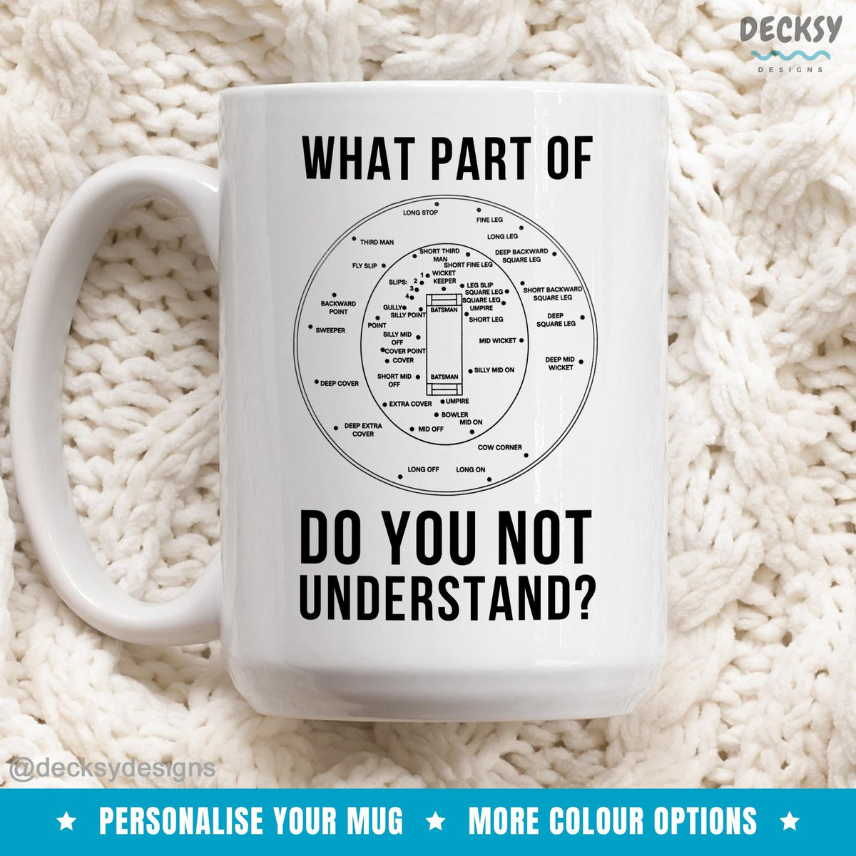 Cricket Field Positions Mug, Funny Cricketer Gift, Personalised Coffee Cup Mugs by DecksyDesigns