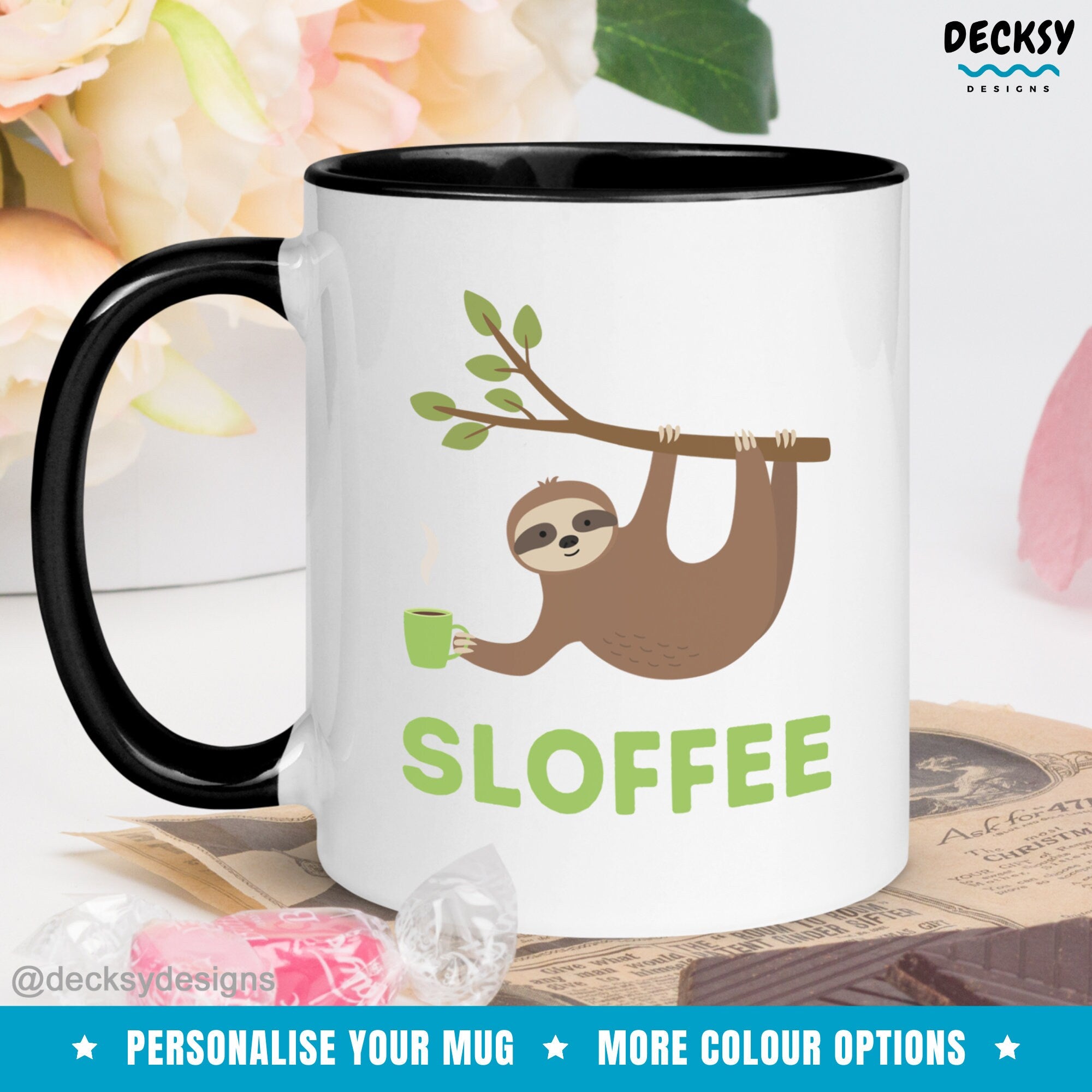 Sloth Coffee Mug, Custom Gift For Sloth Lover, Funny Sloth Mug, Cute Sloth Gift For Her, Lazy Sloth Mug, Personalised Sloth Birthday Gift Mugs by DecksyDesigns