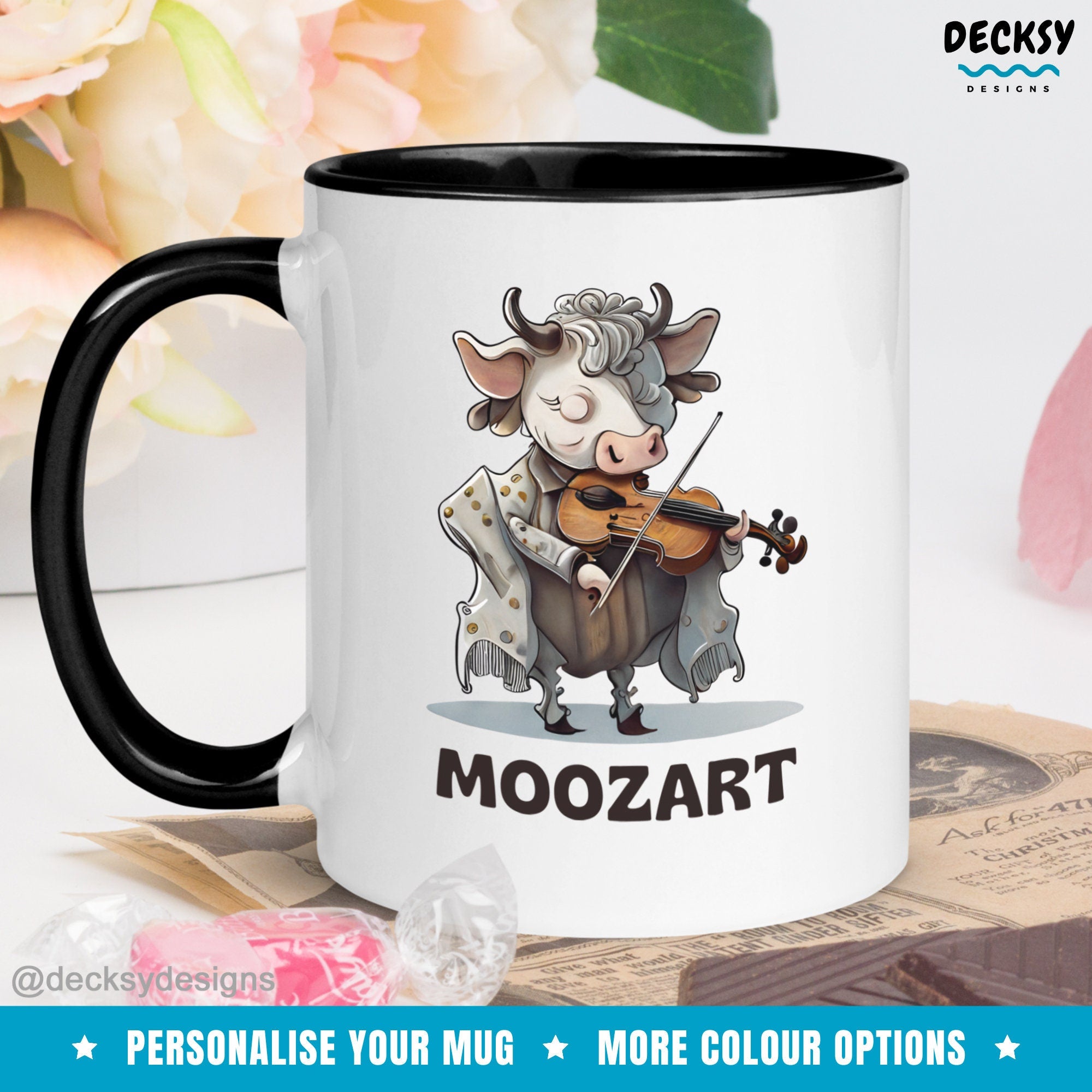 Cute Cow Music Mug, Personalised Musician Gift, Custom Violinist Coffee Mug Violin Player Mug, Classical Music Teacher Mug, Funny Coffee Cup Mugs by DecksyDesigns
