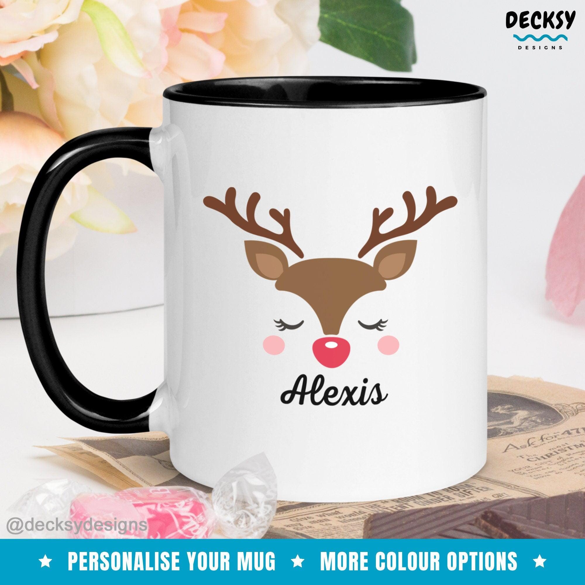 Cute Reindeer Mug, Custom Xmas Gift-Home & Living:Kitchen & Dining:Drink & Barware:Drinkware:Mugs-DecksyDesigns-White Mug 11 oz-Font #1-DecksyDesigns