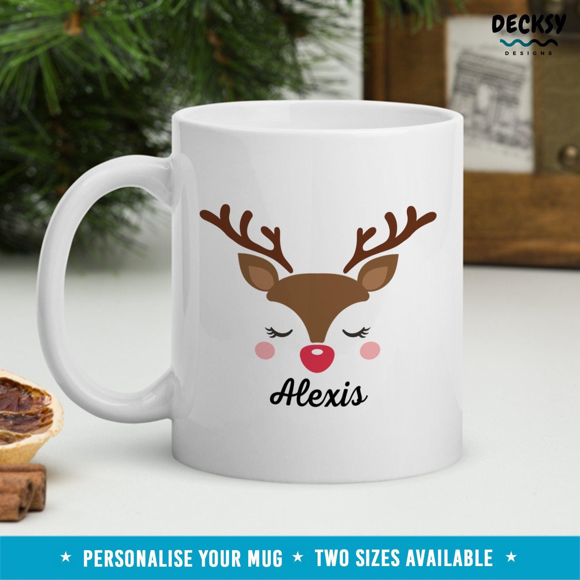 Cute Reindeer Mug, Custom Xmas Gift-Home & Living:Kitchen & Dining:Drink & Barware:Drinkware:Mugs-DecksyDesigns-White Mug 11 oz-Font #1-DecksyDesigns