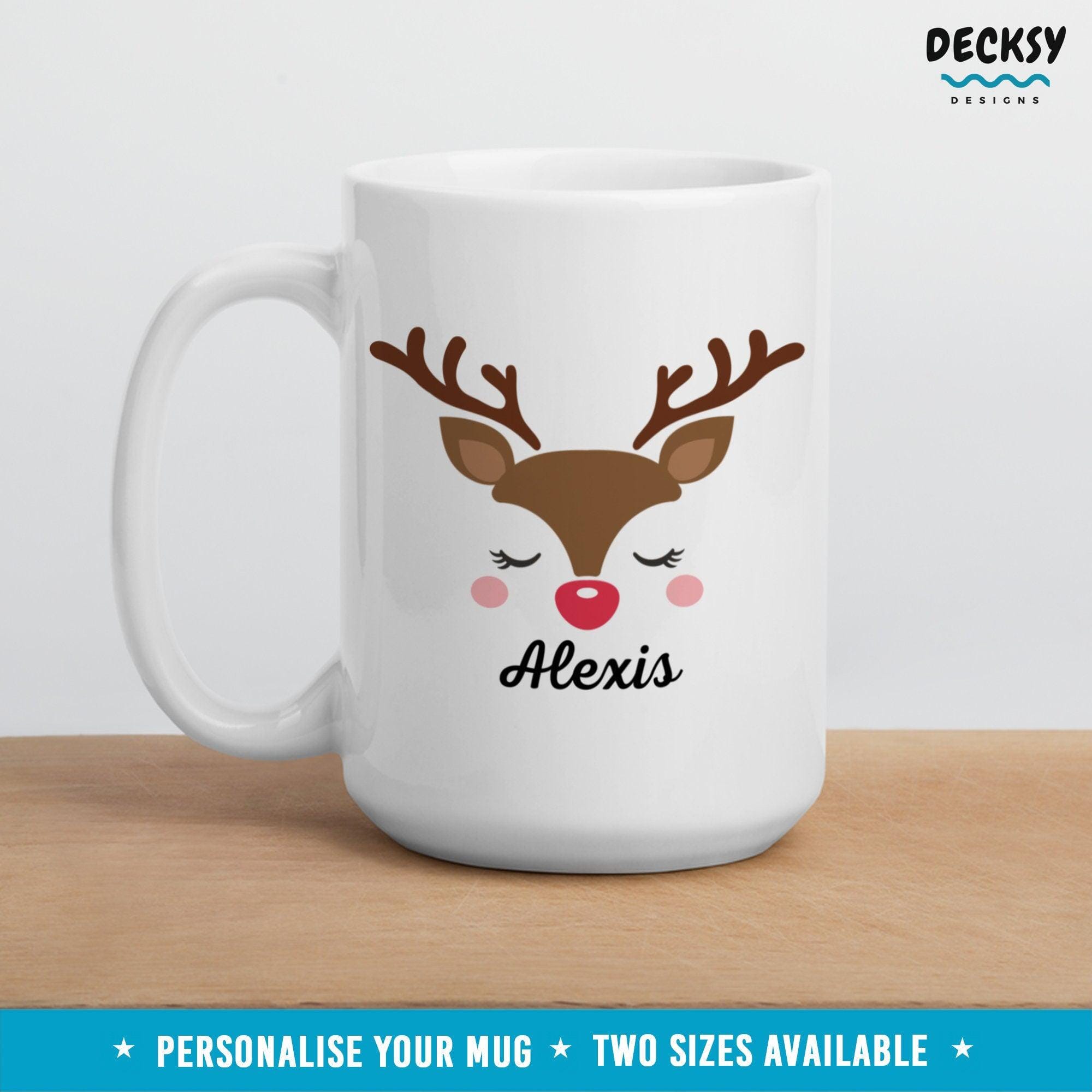 Cute Reindeer Mug, Custom Xmas Gift-Home & Living:Kitchen & Dining:Drink & Barware:Drinkware:Mugs-DecksyDesigns-White Mug 11 oz-Font #1-DecksyDesigns