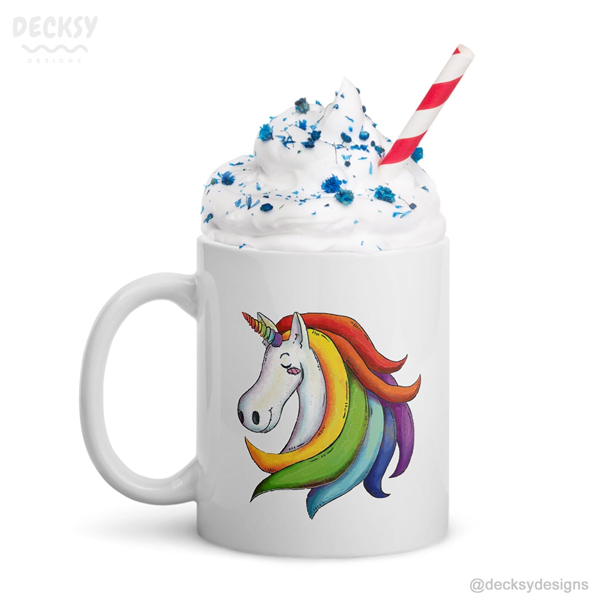 Rainbow Unicorn Mug, Cute Personalised Gift for Coffee Lover-Home & Living:Kitchen & Dining:Drink & Barware:Drinkware:Mugs-DecksyDesigns-11 Oz-Font #1-DecksyDesigns