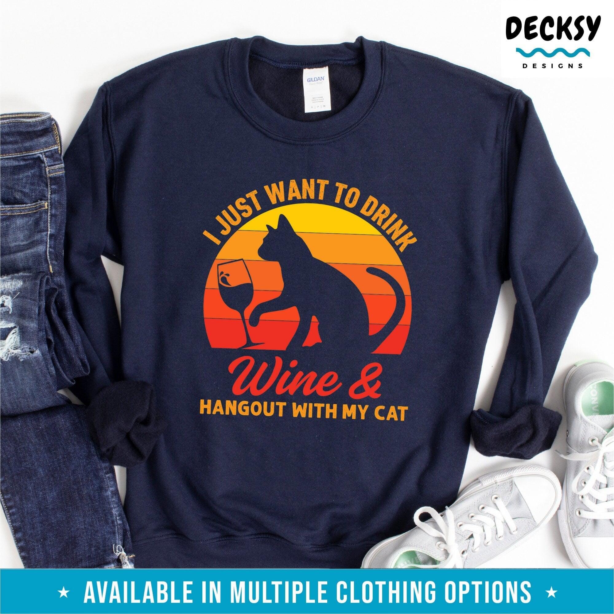 Cat And Wine T Shirt, Gift For Cat Lover-Clothing:Gender-Neutral Adult Clothing:Tops & Tees:T-shirts:Graphic Tees-DecksyDesigns