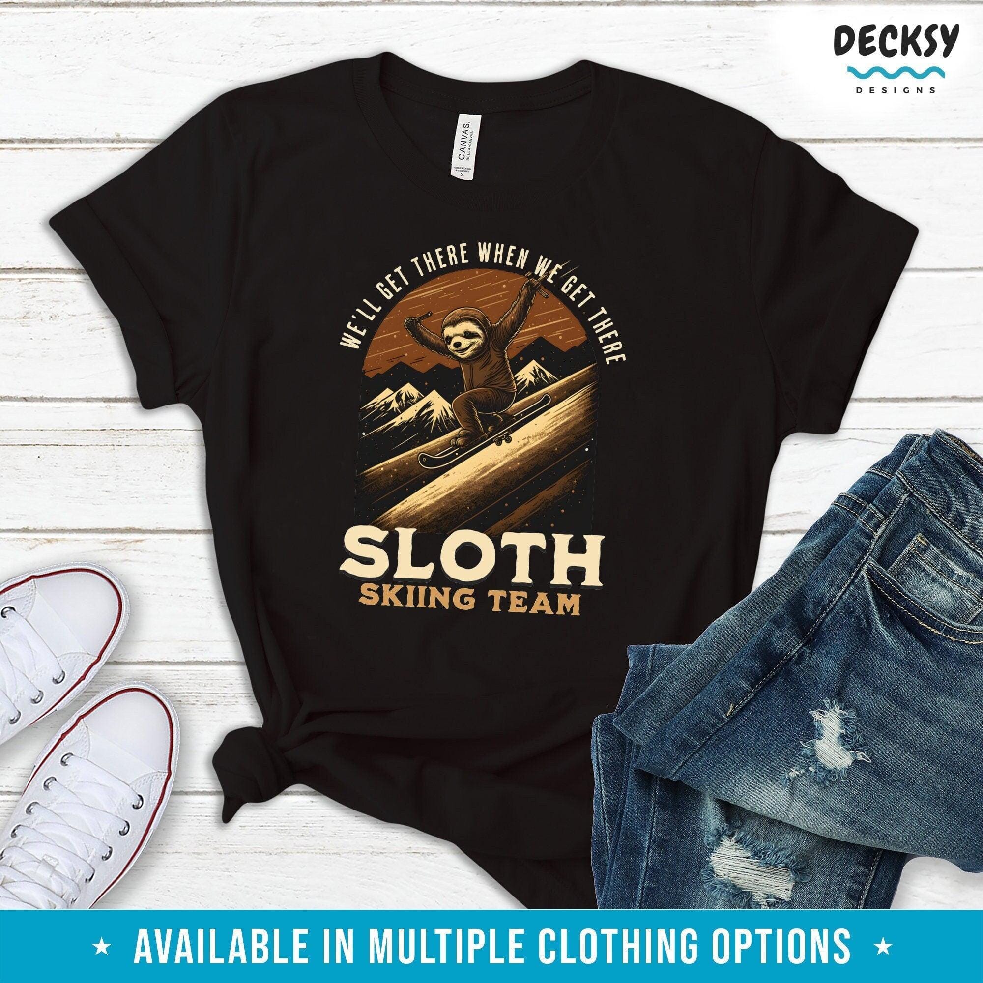 Funny Sloth Skiing Sweatshirt, Ski Lovers Gift-Clothing:Gender-Neutral Adult Clothing:Tops & Tees:T-shirts:Graphic Tees-DecksyDesigns