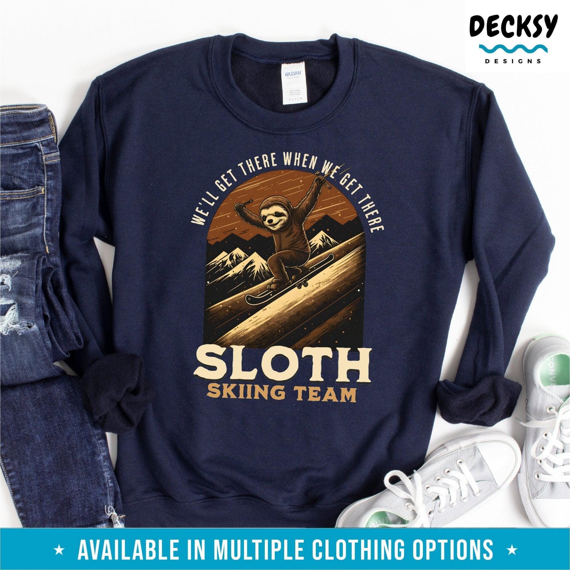 Funny Sloth Skiing Sweatshirt, Ski Lovers Gift-Clothing:Gender-Neutral Adult Clothing:Tops & Tees:T-shirts:Graphic Tees-DecksyDesigns