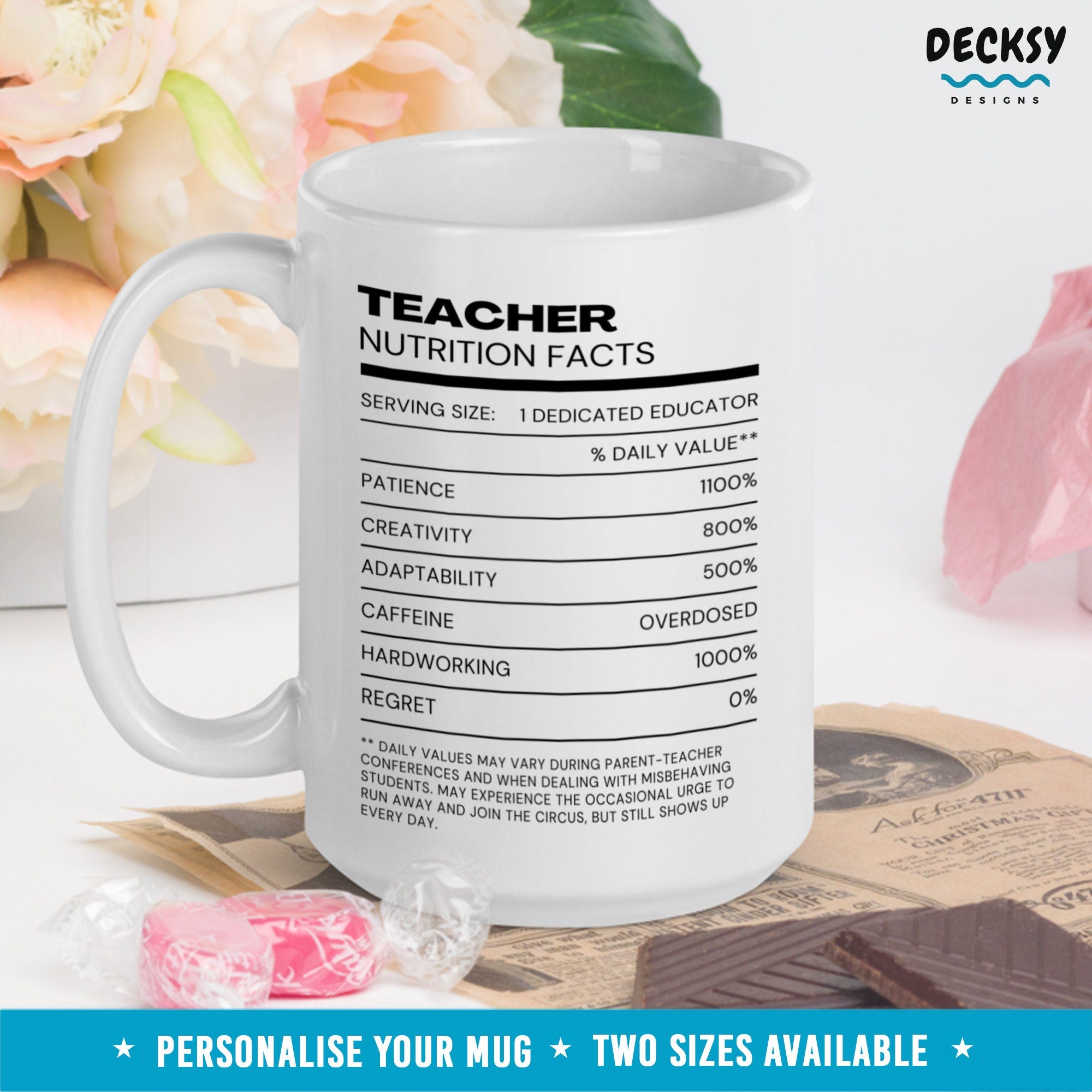 Teacher Nutrition Facts Coffee Mug, Personalised Gift For Teacher, School Teaching Assistant Gift, Daycare Educator Mug, Teacher Birthday Mugs by DecksyDesigns