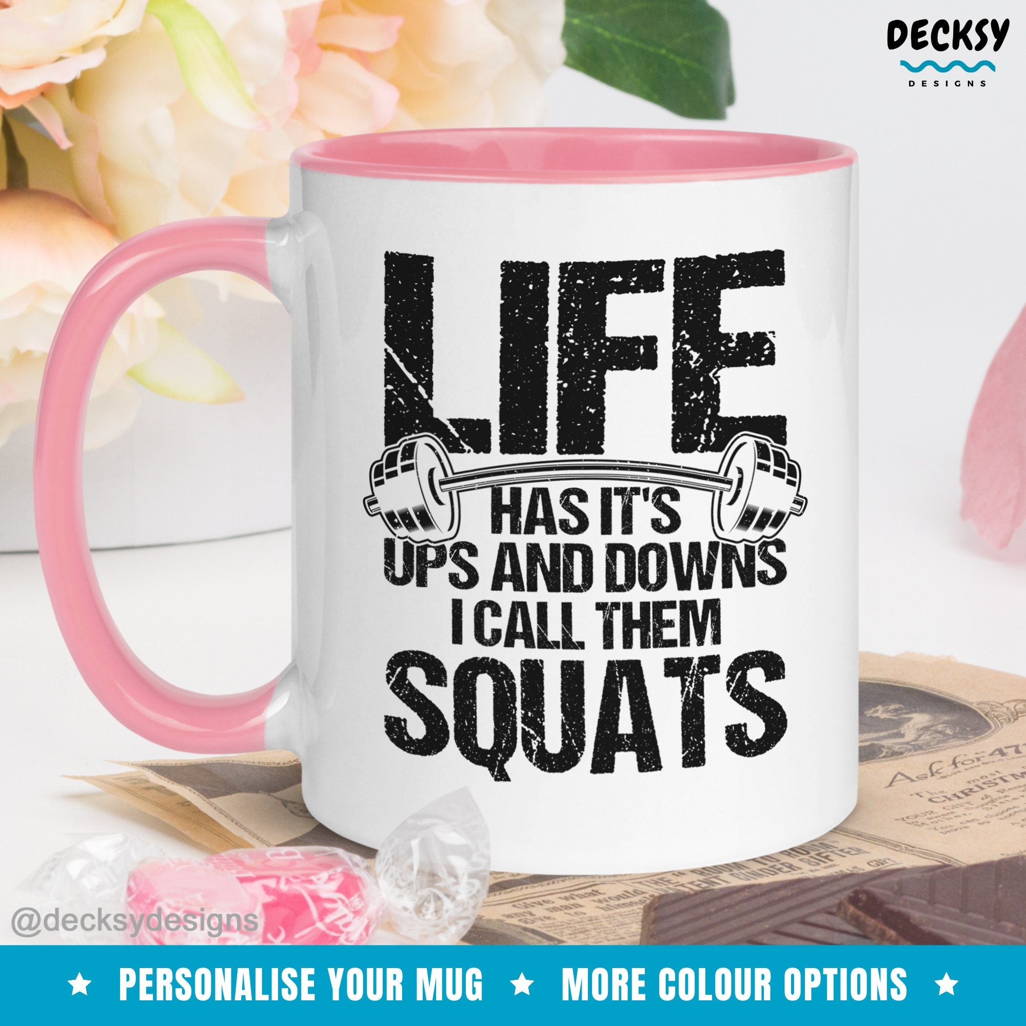 Personalised Gym Gift, Squats Mug, Funny Gym Quotes Gift, Personal Trainer Mug, Weightlifting Gift, Exercise Lover Mug, Custom Workout Mug Mugs by DecksyDesigns