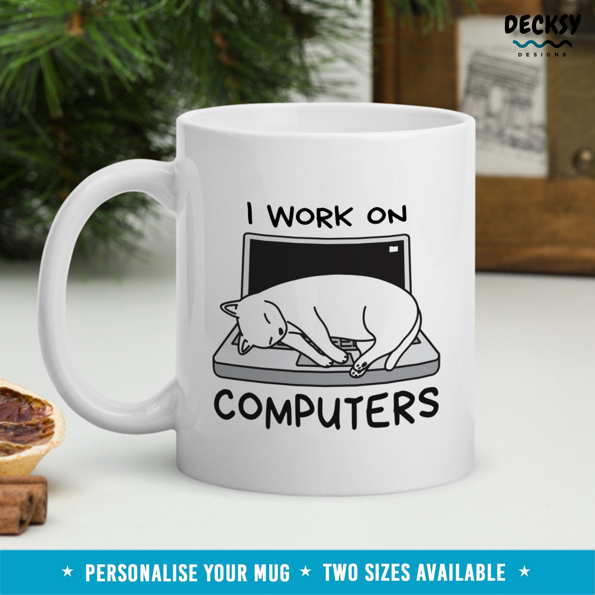 Cat And Computer Mug, Funny Coworker Gifts, Cat Lover Gift Idea, Cute Cat Dad Mug, Custom Cat Owner Mug, Personalised Computer Cat Mom Mug Mugs by DecksyDesigns