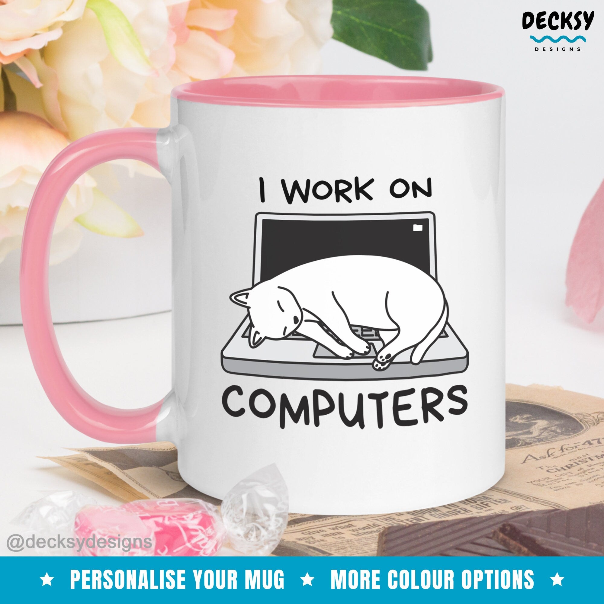 Cat And Computer Mug, Funny Coworker Gifts, Cat Lover Gift Idea, Cute Cat Dad Mug, Custom Cat Owner Mug, Personalised Computer Cat Mom Mug Mugs by DecksyDesigns