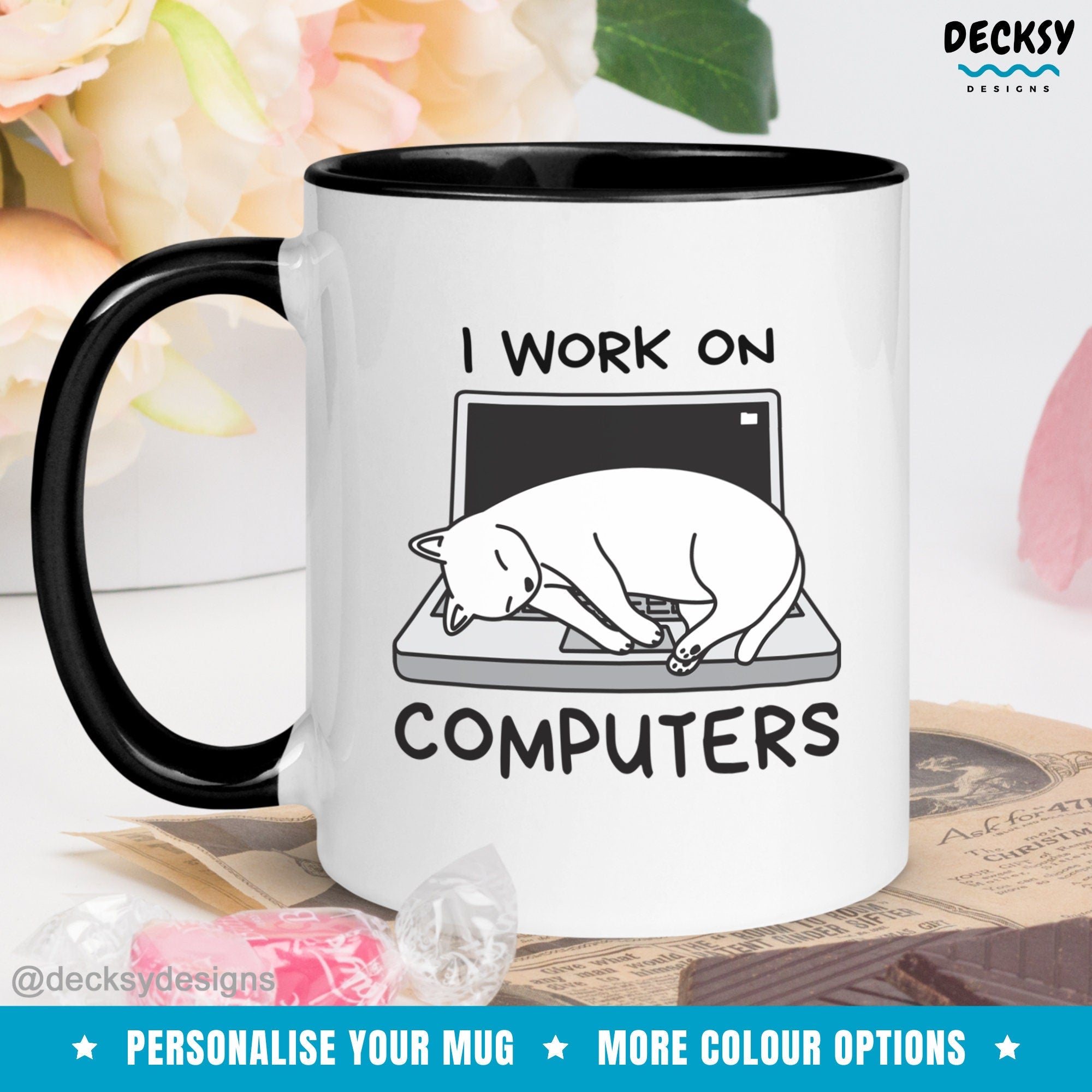 Cat And Computer Mug, Funny Coworker Gifts, Cat Lover Gift Idea, Cute Cat Dad Mug, Custom Cat Owner Mug, Personalised Computer Cat Mom Mug Mugs by DecksyDesigns