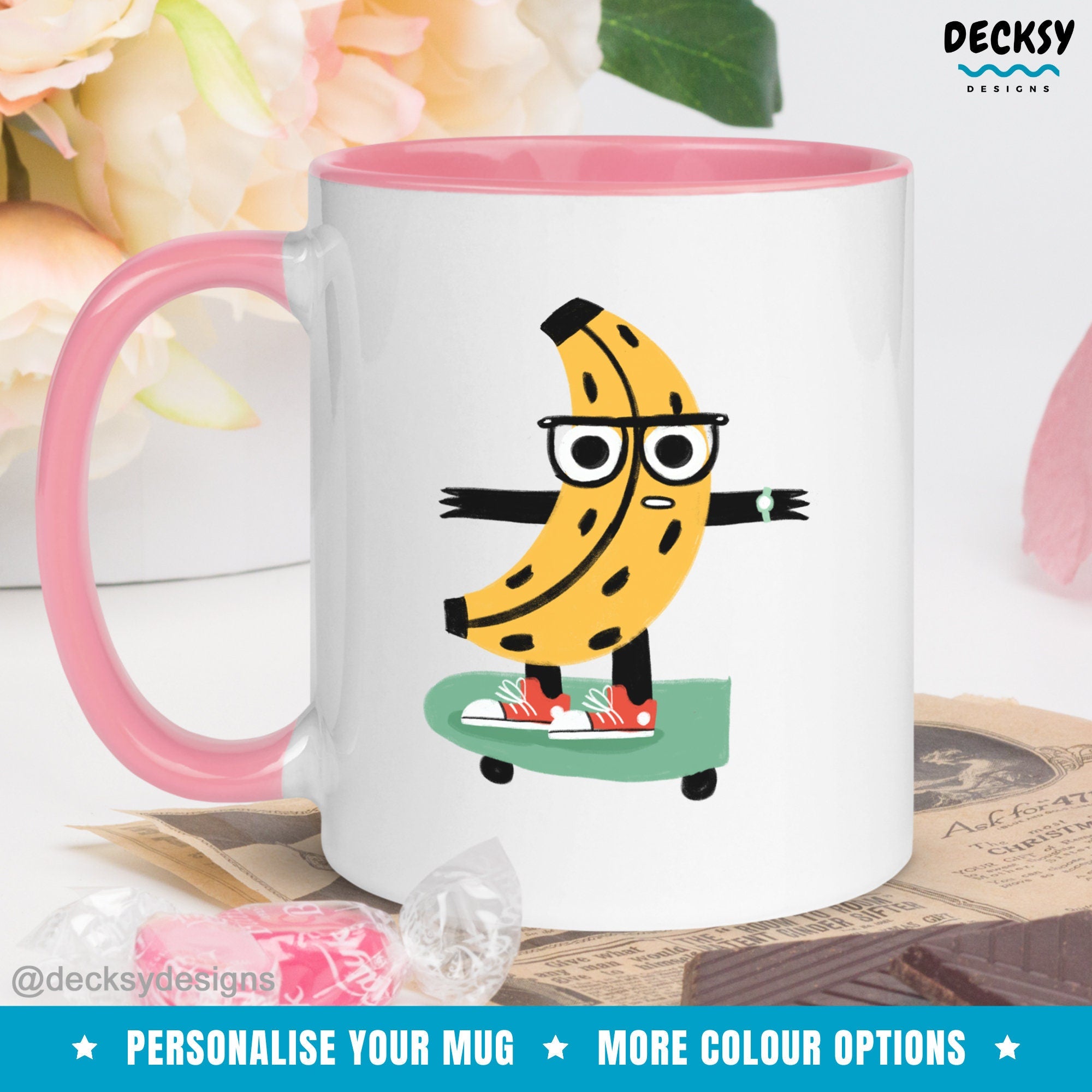 Banana Skate Mug, Banana Lover Gift, Skateboard Mug, Funny Banana Skater Mug, Cute Personalised Banana Fan Gift, Custom Banana Fruit Mug Mugs by DecksyDesigns