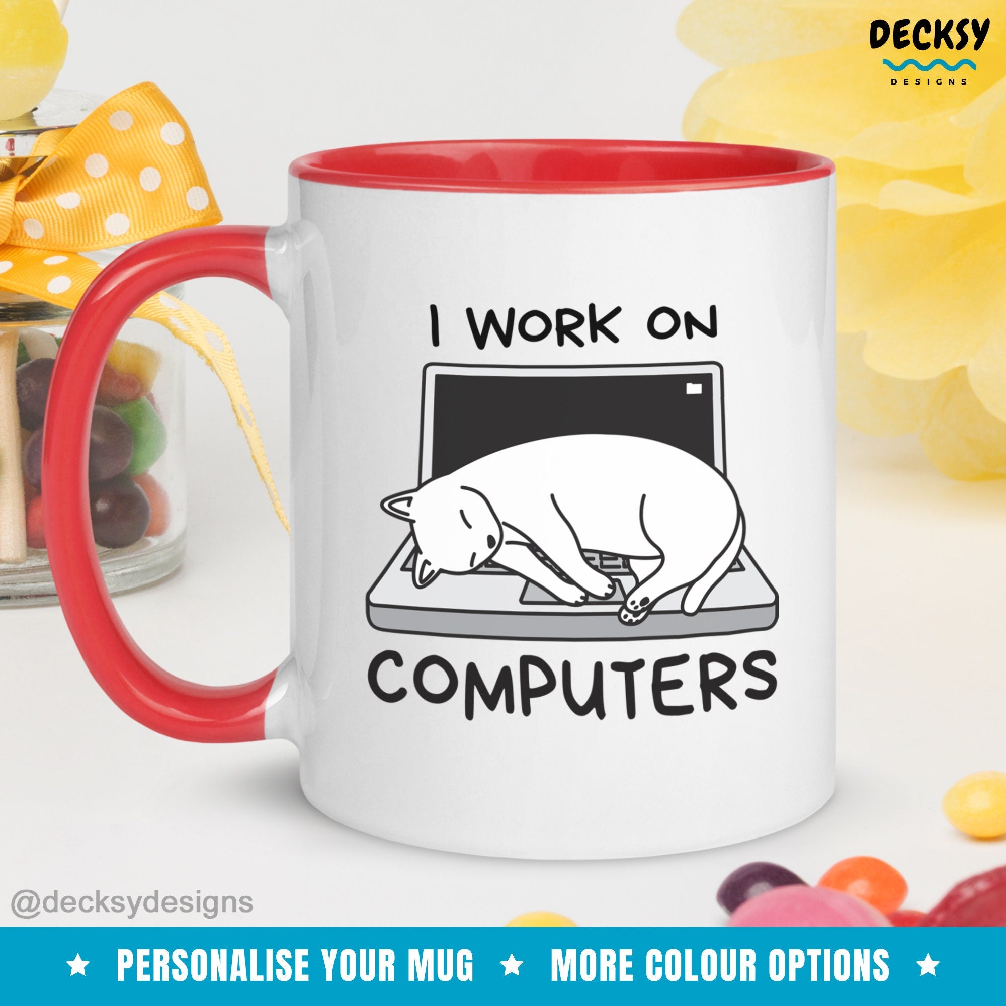 Cat And Computer Mug, Funny Coworker Gifts, Cat Lover Gift Idea, Cute Cat Dad Mug, Custom Cat Owner Mug, Personalised Computer Cat Mom Mug Mugs by DecksyDesigns