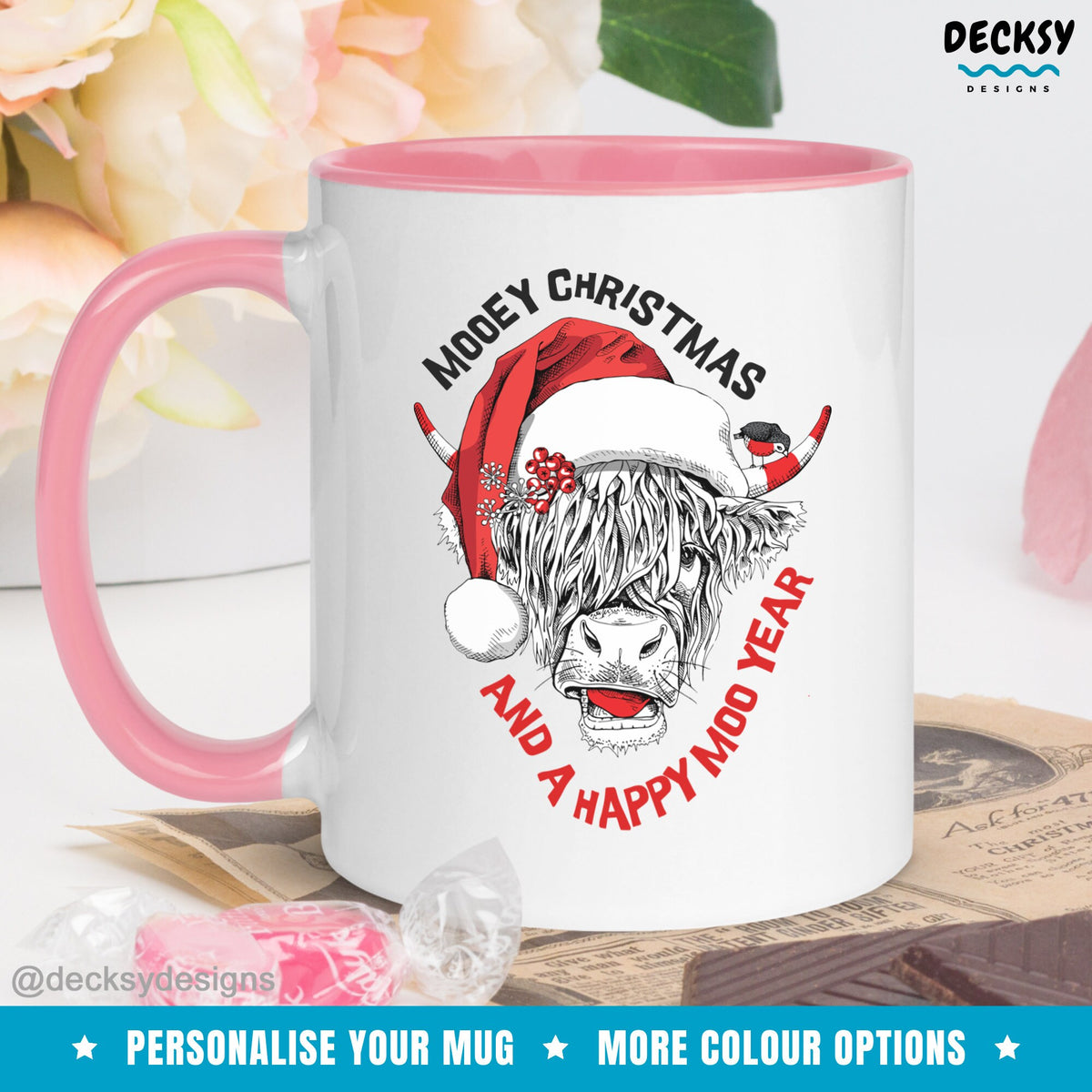Christmas Cow Mug, Highland Cow Lover Gift, Mooey Christmas Holiday Cup, Cute Custom Santa Cow Mug, Scottish Cow Mug, Personalised Xmas Gift Mugs by DecksyDesigns