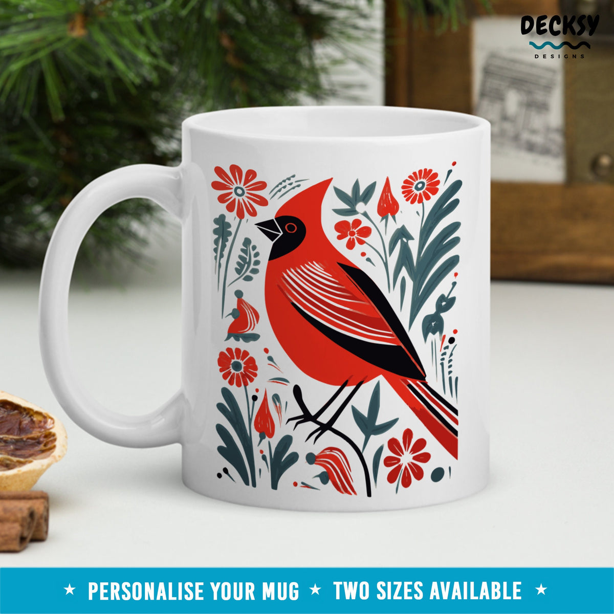 Red Cardinal Mug, Bird Lover Gift, Personalised Orthinologist Colorful Coffee Cup, Northern Cardinal Watercolour Mug, Custom Bird Mom Gift Mugs by DecksyDesigns