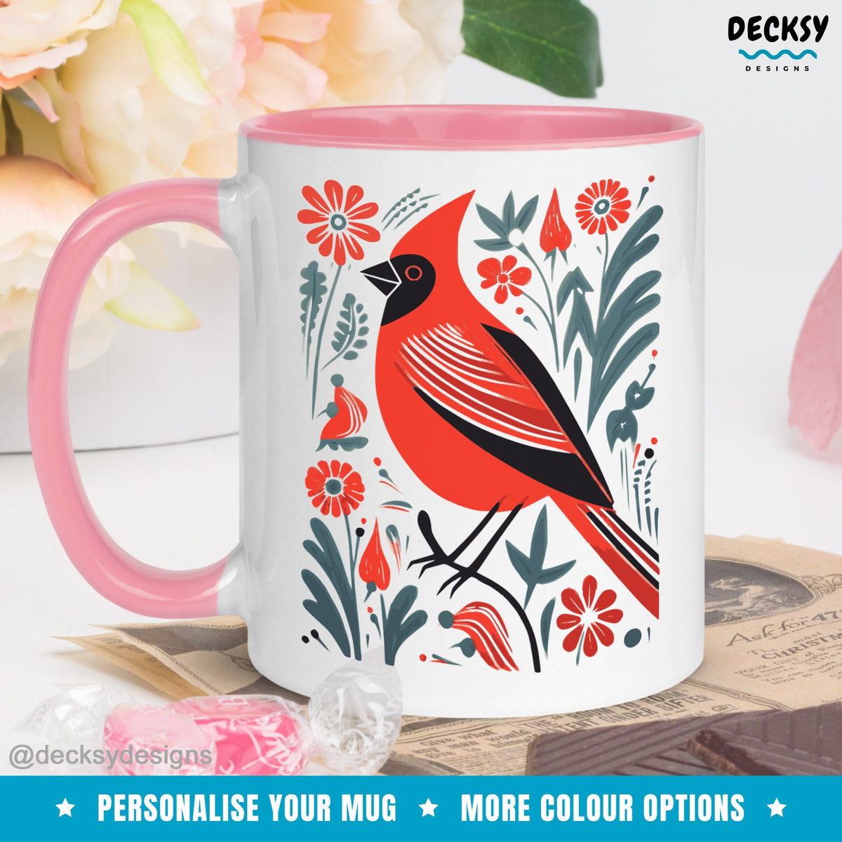 Red Cardinal Mug, Bird Lover Gift, Personalised Orthinologist Colorful Coffee Cup, Northern Cardinal Watercolour Mug, Custom Bird Mom Gift Mugs by DecksyDesigns