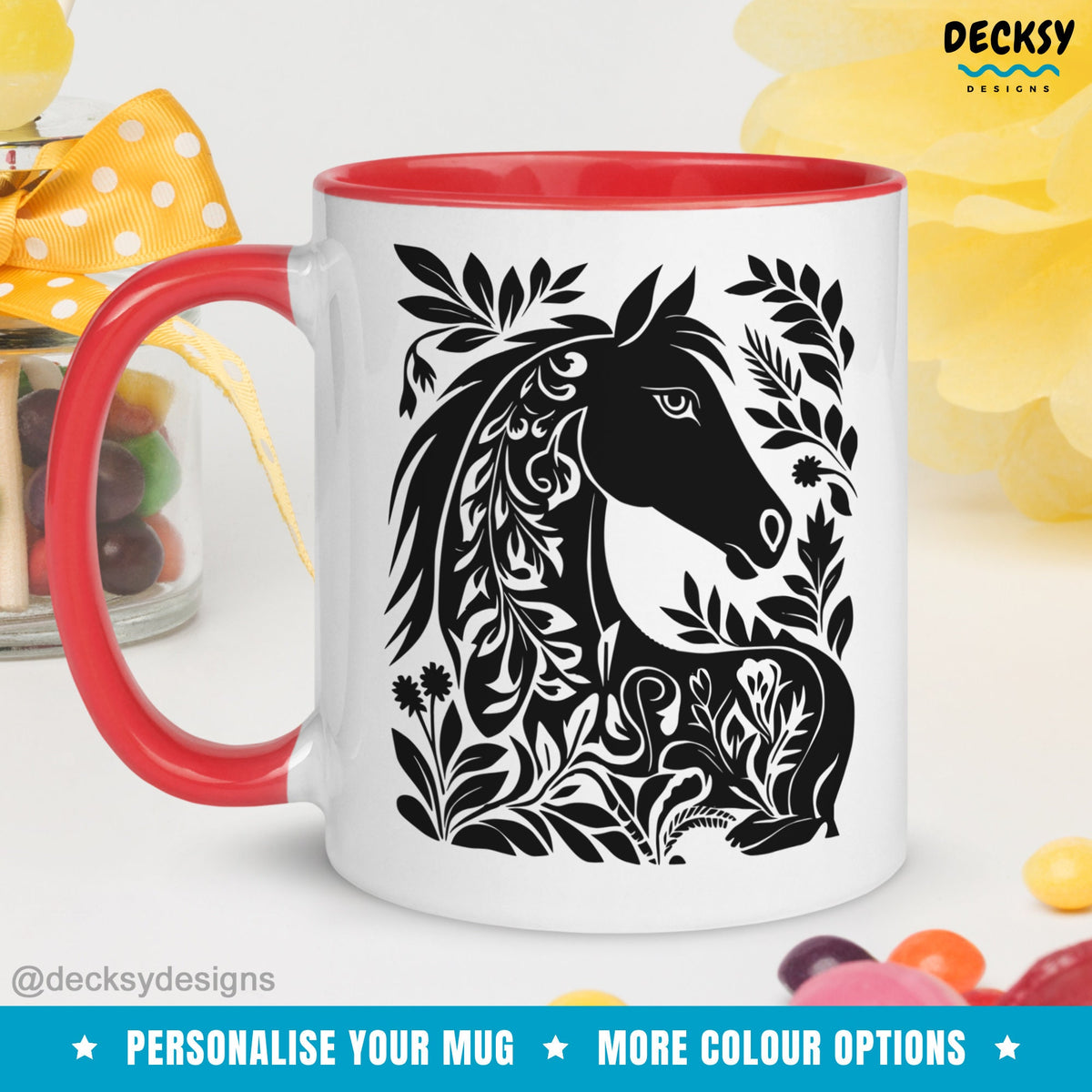 Horse Mug, Custom Animal Lover Gift, Farmhouse Owner Gift, Horse Gift For Her, Black Stallion Floral Horse Mug, Aesthetic Farm Animal Mugs Mugs by DecksyDesigns