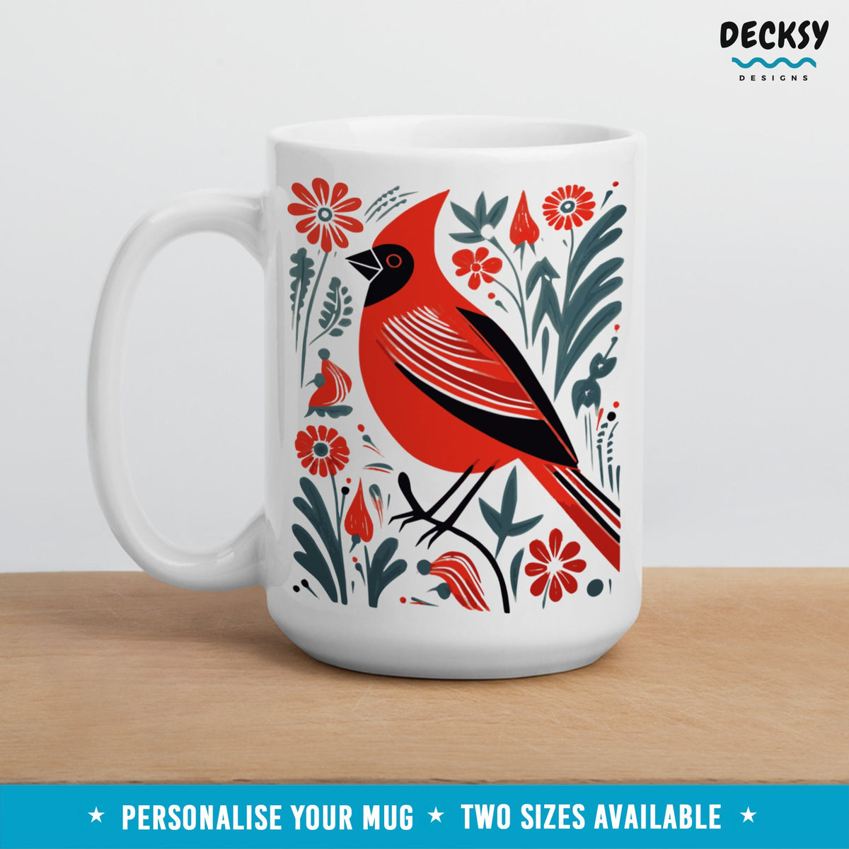 Red Cardinal Mug, Bird Lover Gift, Personalised Orthinologist Colorful Coffee Cup, Northern Cardinal Watercolour Mug, Custom Bird Mom Gift Mugs by DecksyDesigns