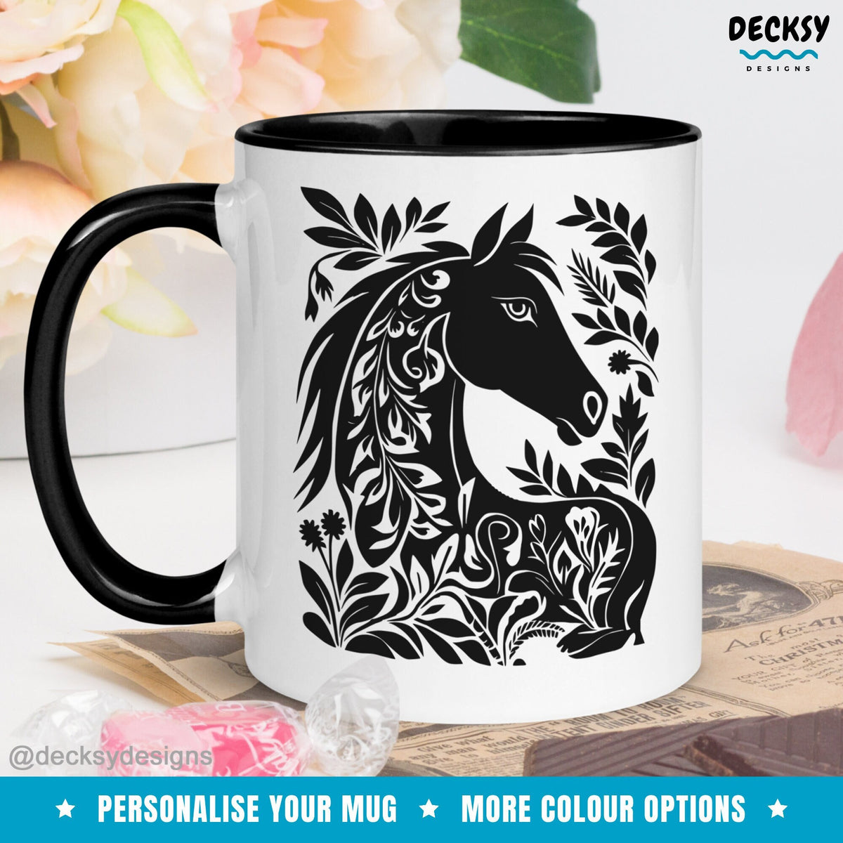 Horse Mug, Custom Animal Lover Gift, Farmhouse Owner Gift, Horse Gift For Her, Black Stallion Floral Horse Mug, Aesthetic Farm Animal Mugs Mugs by DecksyDesigns