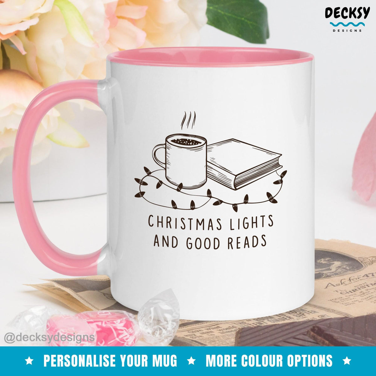 Christmas Book Mug, Reading Coffee Mug, Custom Reader Gift Idea, Xmas Gift For Book Lover, Bookworm Mug, Library Teacher Gift, Bookish Gift Mugs by DecksyDesigns