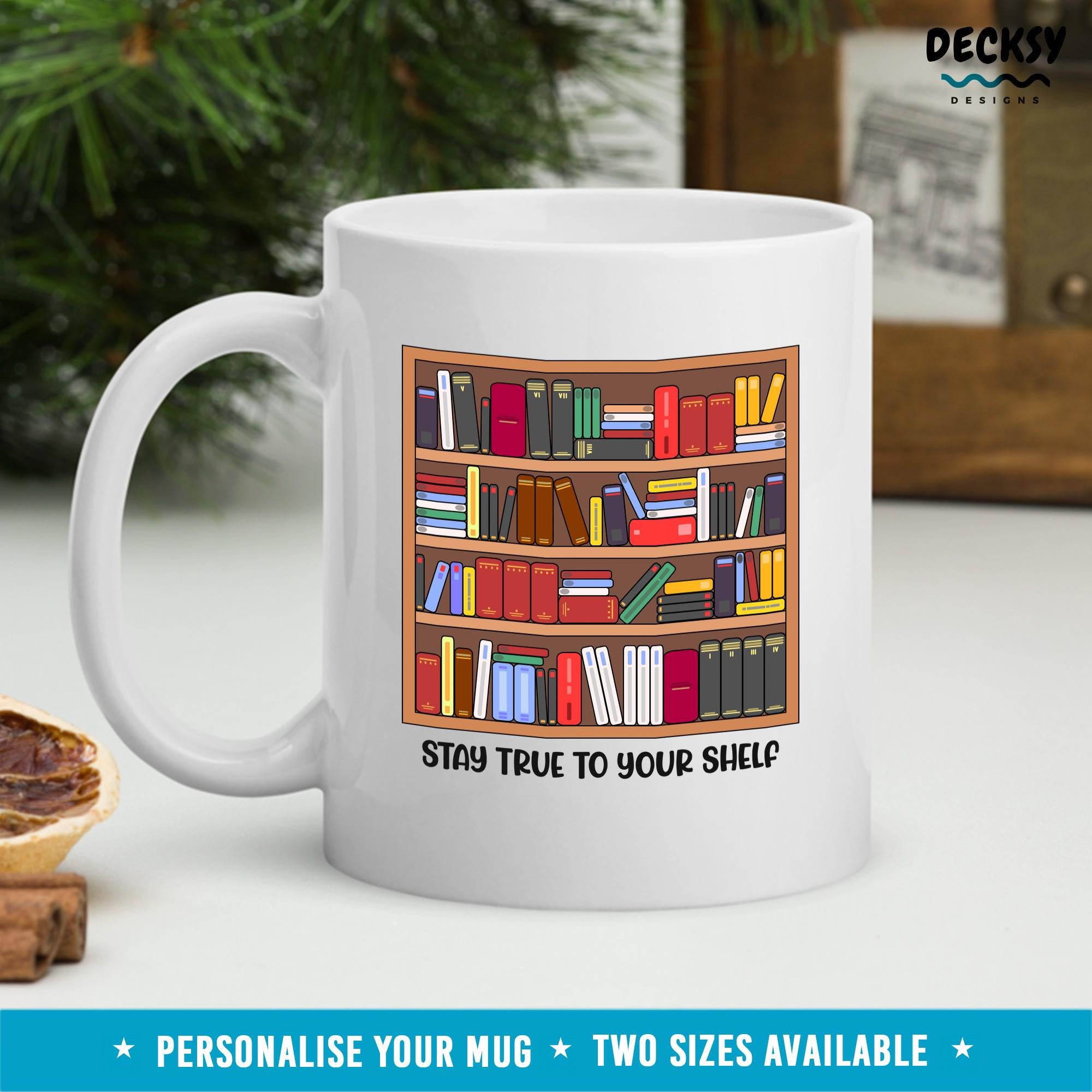 Bookshelf Coffee Mug, Personalised Bookworm Gift For Reader, Librarian Coffee Cup, Reading Teacher Christmas Gift, Bookish Custom Mug Mugs by DecksyDesigns