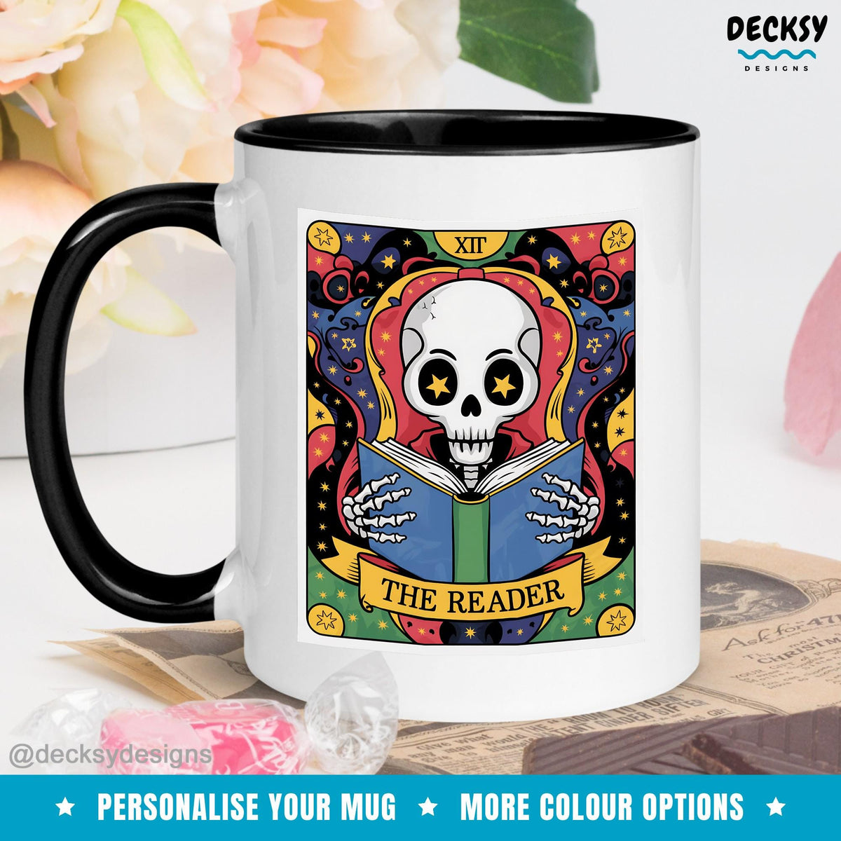 Skeleton Reading Mug, Bookish Gift For Her, Reading Skull Mug, Gift For Book Lover, Book Club Gifts, Bookworm Mug, The Reader Tarot Cup Mugs by DecksyDesigns