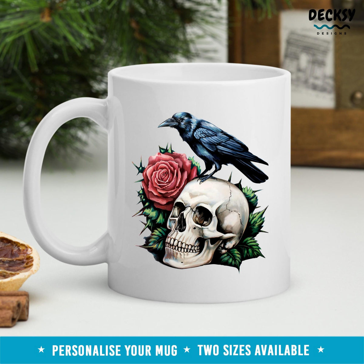 Black Crow Mug, Whimsigoth Gift, Floral Skull Mug, Custom Goth Mug, Crowcore Roses Mug, Personalized Gothic Mug, Raven Crow Bird Lover Gift Mugs by DecksyDesigns