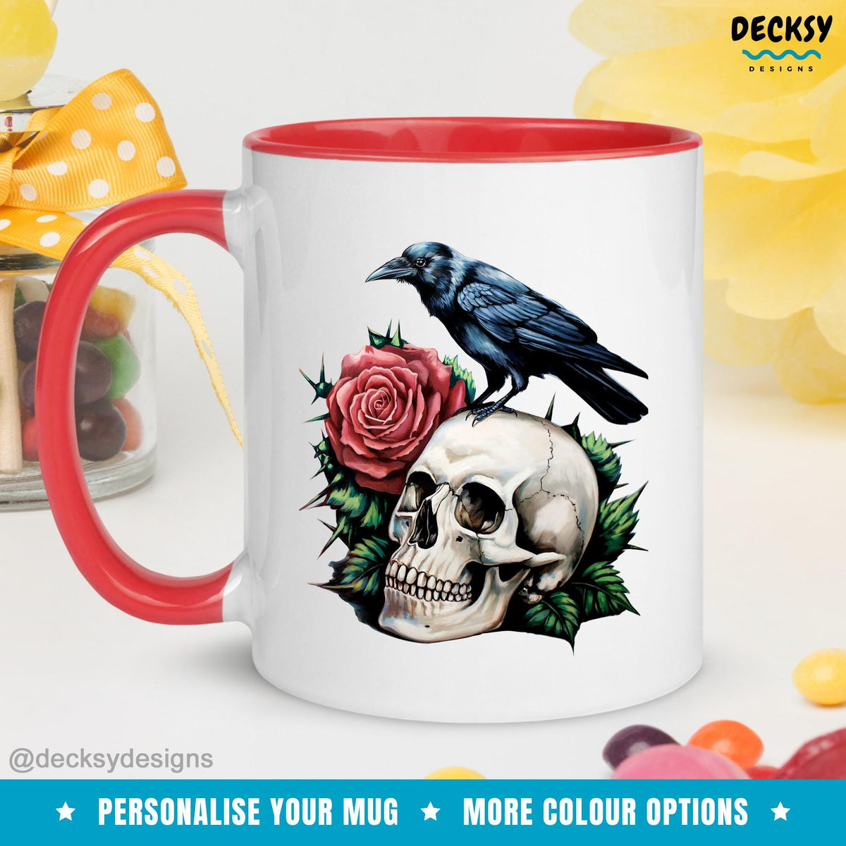 Black Crow Mug, Whimsigoth Gift, Floral Skull Mug, Custom Goth Mug, Crowcore Roses Mug, Personalized Gothic Mug, Raven Crow Bird Lover Gift Mugs by DecksyDesigns