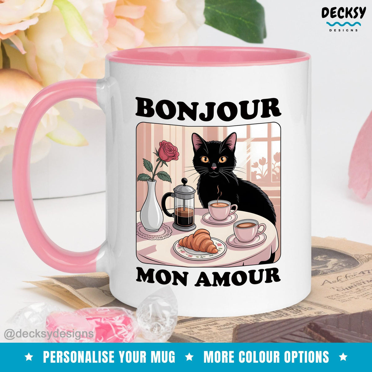French Quote Mug, Gift France Lovers, Croissant Cafe Black Cat Mug, Custom Name Mug, Personalised Mug, Romantic Paris Mug, Bonjour Mon Amour Mugs by DecksyDesigns